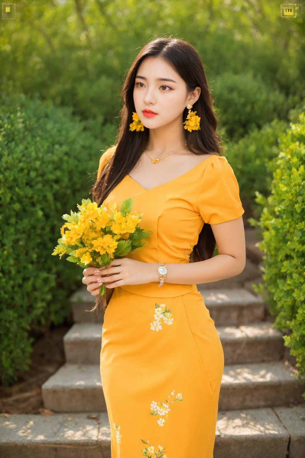 1girl, solo, dress, flower, jewelry, earrings, long hair, stairs, holding, floral print <lora:Myanmar_Thingyan_Costume:0.9>,mm_thingyan,masterpiece,realistic,absurdres, high quality, 