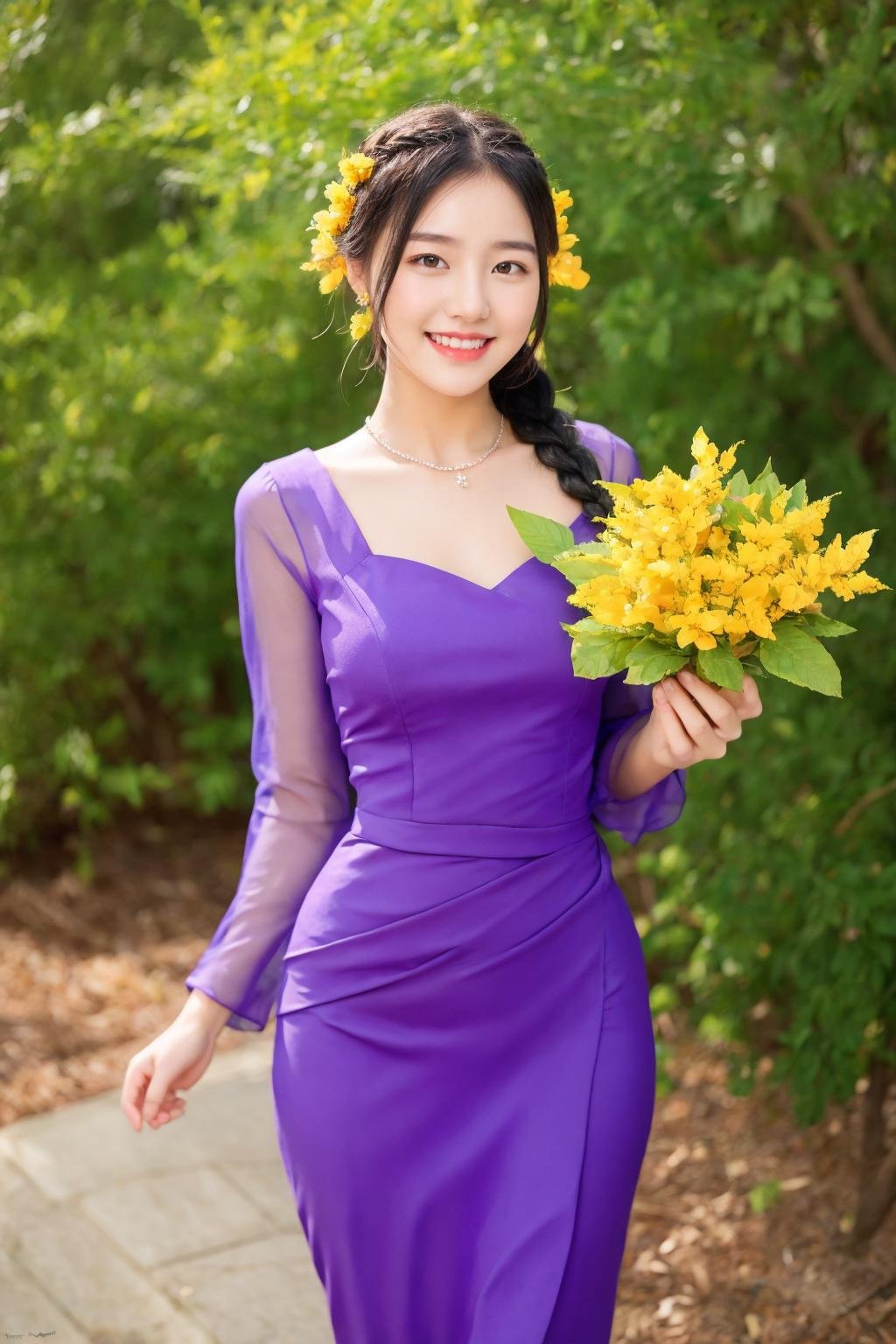 1girl, solo, flower, dress, black hair, holding, braid, smile, jewelry, purple dress <lora:Myanmar_Thingyan_Costume:0.9>,mm_thingyan,masterpiece,realistic,absurdres, high quality, 