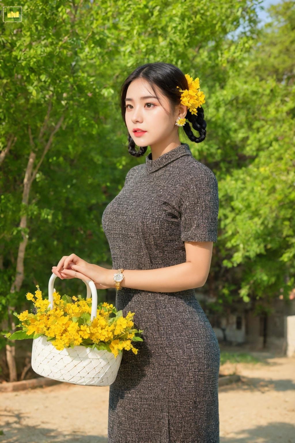 1girl, solo, jewelry, dress, earrings, black hair, flower, basket, outdoors, braid <lora:Myanmar_Thingyan_Costume:0.9>,mm_thingyan,masterpiece,realistic,absurdres, high quality, 