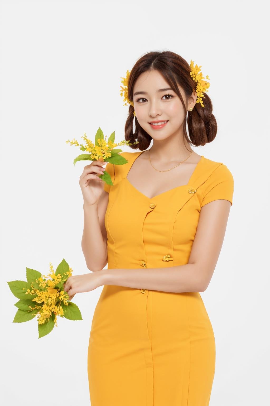 1girl, solo, flower, dress, brown hair, hair rings, hair ornament, holding flower, smile, white background <lora:Myanmar_Thingyan_Costume:0.9>,mm_thingyan,masterpiece,realistic,absurdres, high quality, 