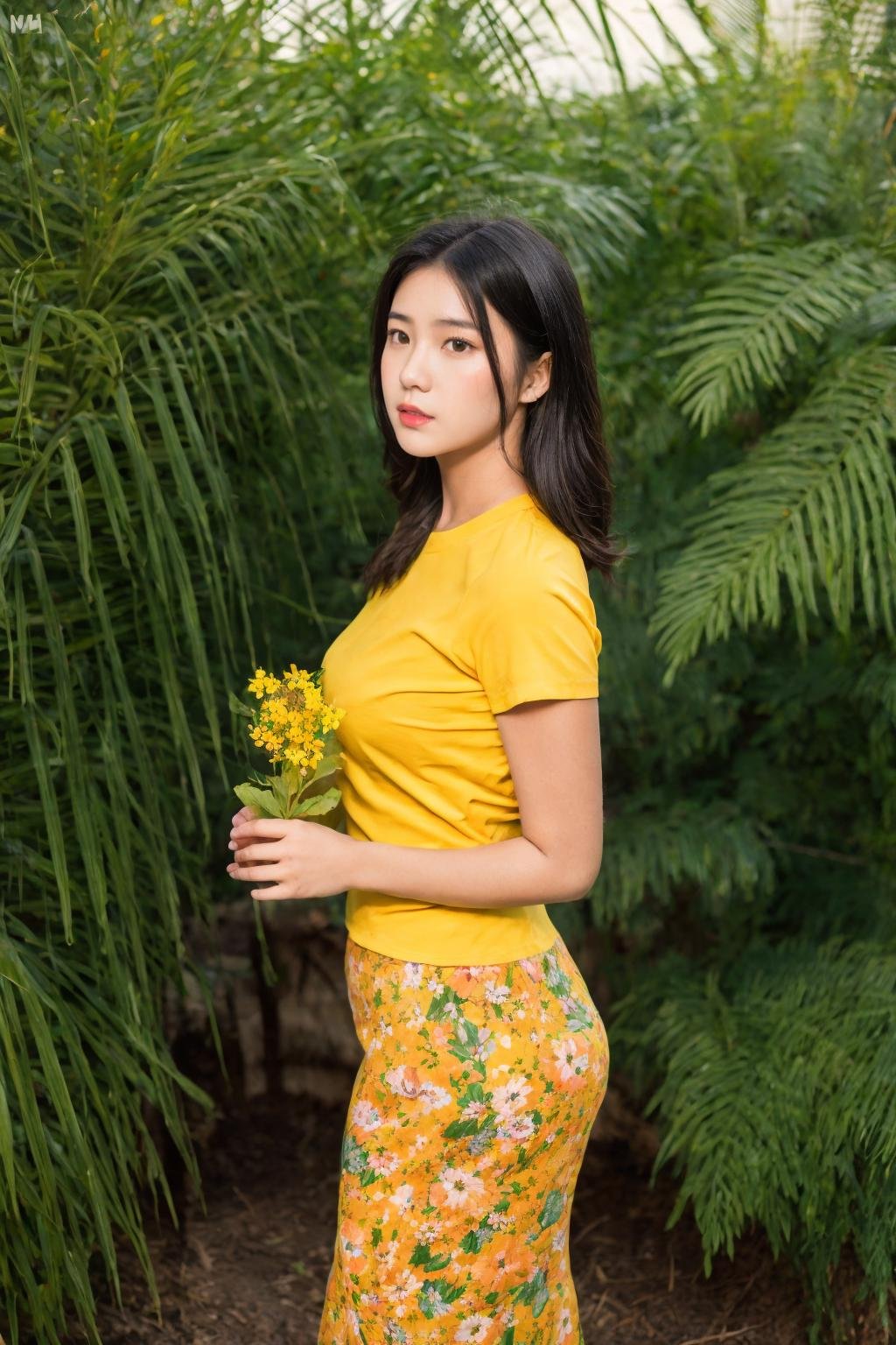 1girl, solo, shirt, black hair, skirt, flower, floral print, yellow shirt, plant, short sleeves <lora:Myanmar_Thingyan_Costume:0.9>,mm_thingyan,masterpiece,realistic,absurdres, high quality, 