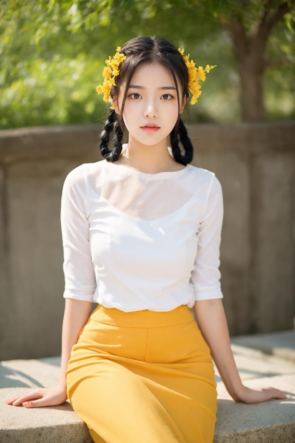 1girl, solo, sitting, black hair, flower, skirt, realistic, blurry background, braid, blurry <lora:Myanmar_Thingyan_Costume:0.9>,mm_thingyan,masterpiece,realistic,absurdres, high quality, 