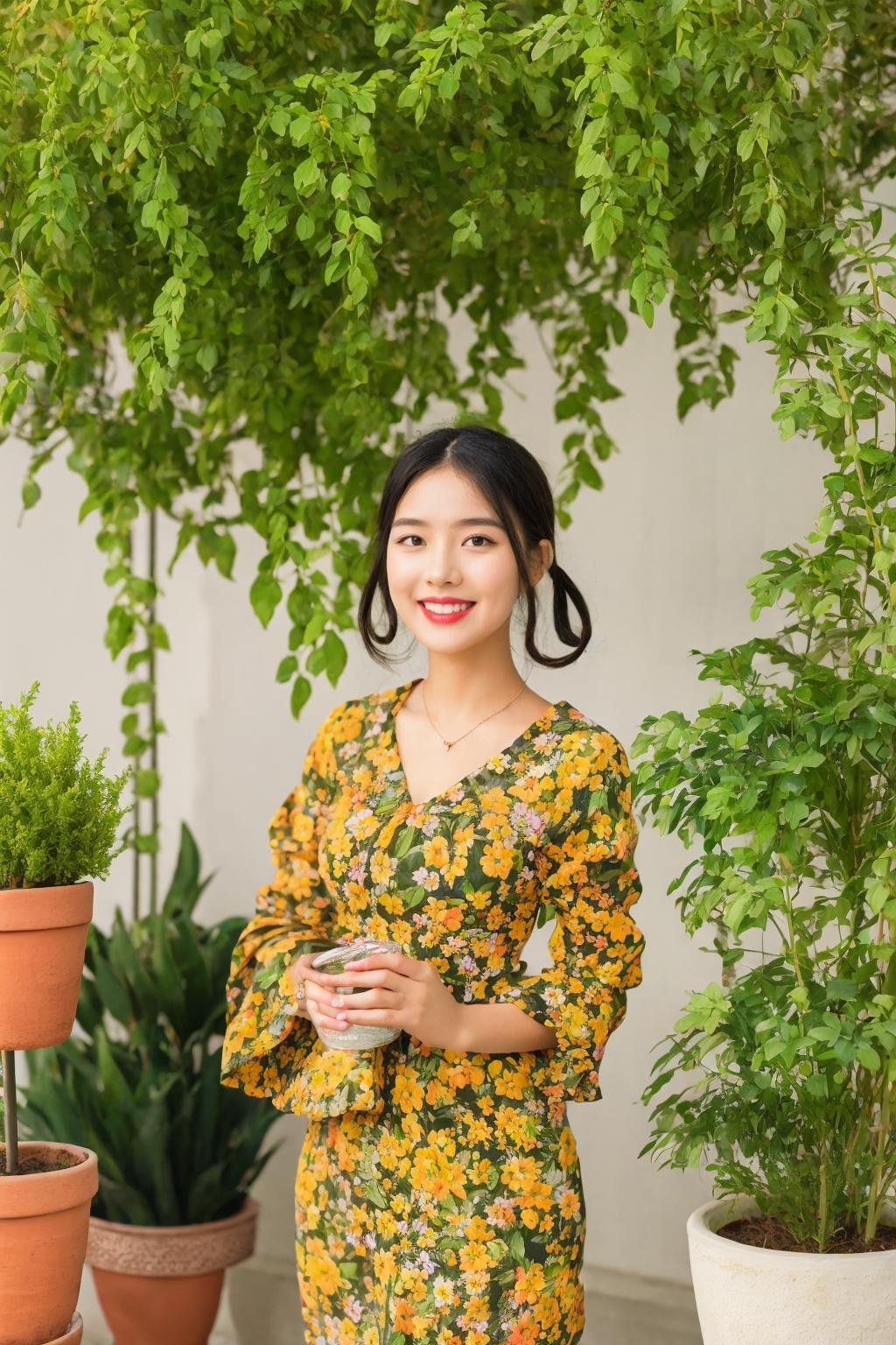 1girl, solo, plant, dress, potted plant, black hair, floral print, flower, smile, looking at viewer <lora:Myanmar_Thingyan_Costume:0.9>,mm_thingyan,masterpiece,realistic,absurdres, high quality, 