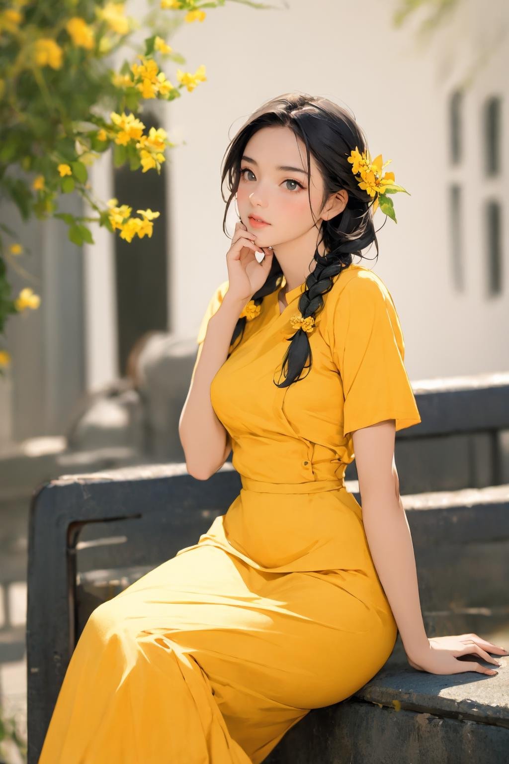 <lora:Myanmar_Thingyan_Costume:0.9>,mm_thingyan,masterpiece,realistic,absurdres,high quality, 1girl, solo, sitting, black hair, flower, skirt, realistic, blurry background, braid, blurry