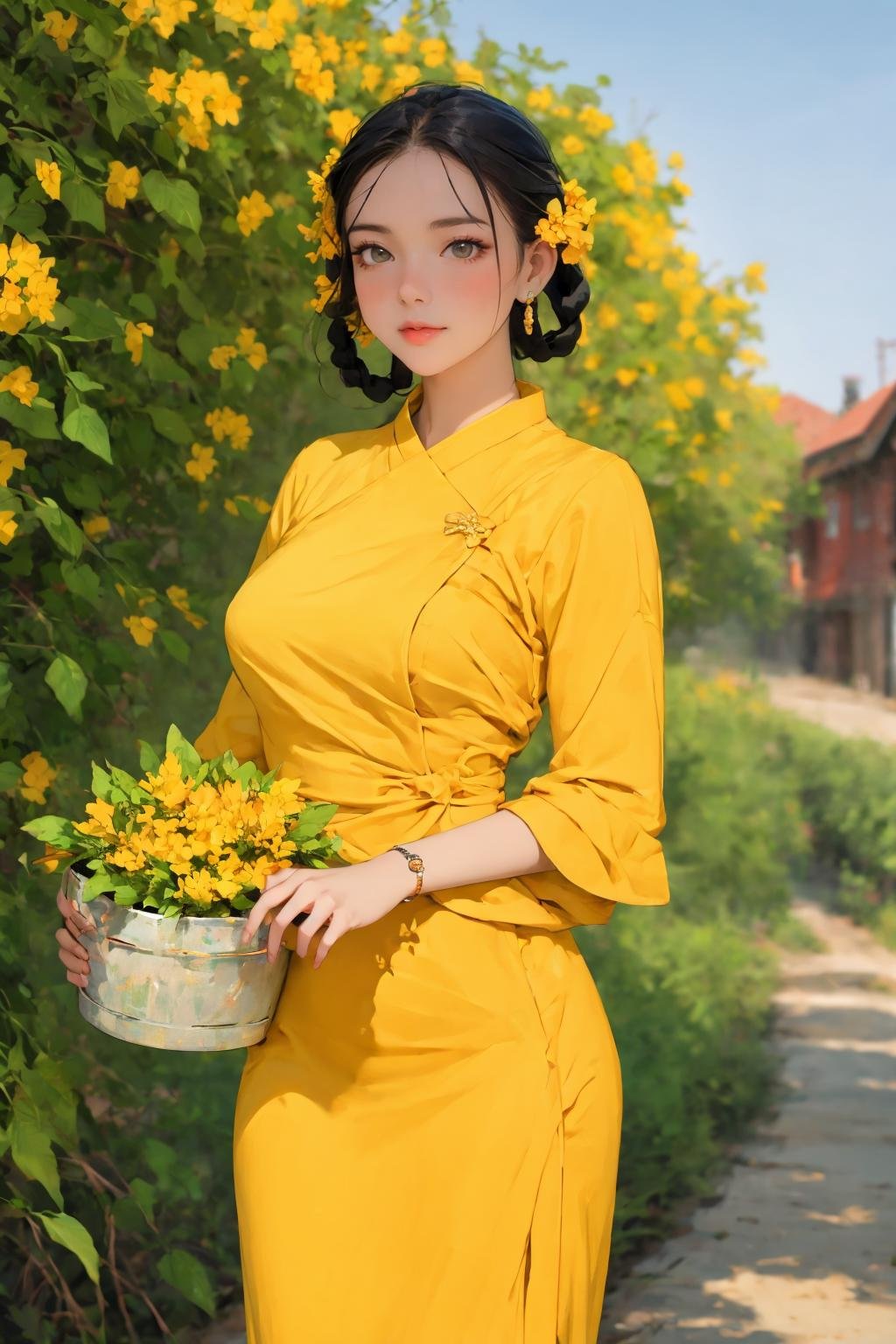 <lora:Myanmar_Thingyan_Costume:0.9>,mm_thingyan,masterpiece,realistic,absurdres,high quality, 1girl, solo, jewelry, dress, earrings, black hair, flower, basket, outdoors, braid