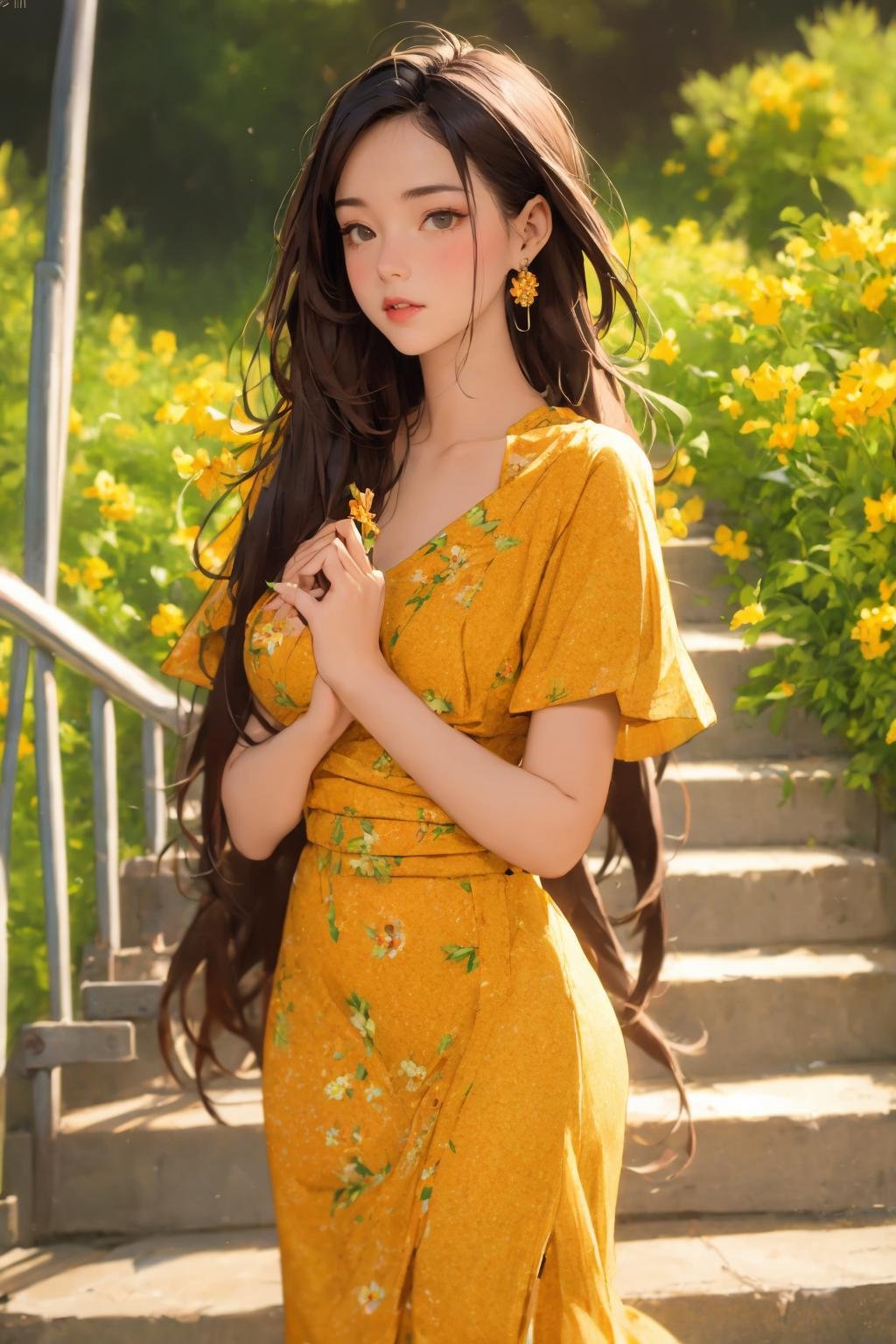 <lora:Myanmar_Thingyan_Costume:0.9>,mm_thingyan,masterpiece,realistic,absurdres,high quality, 1girl, solo, dress, flower, jewelry, earrings, long hair, stairs, holding, floral print