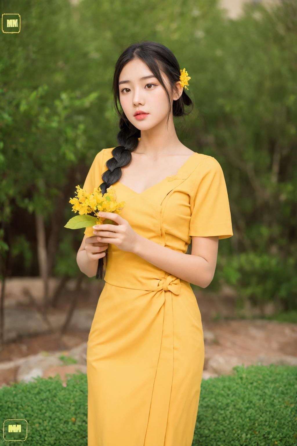 1girl, solo, flower, braid, dress, black hair, long hair, holding, holding flower, single braid <lora:Myanmar_Thingyan_Costume:0.9>,mm_thingyan,masterpiece,realistic,absurdres, high quality, 