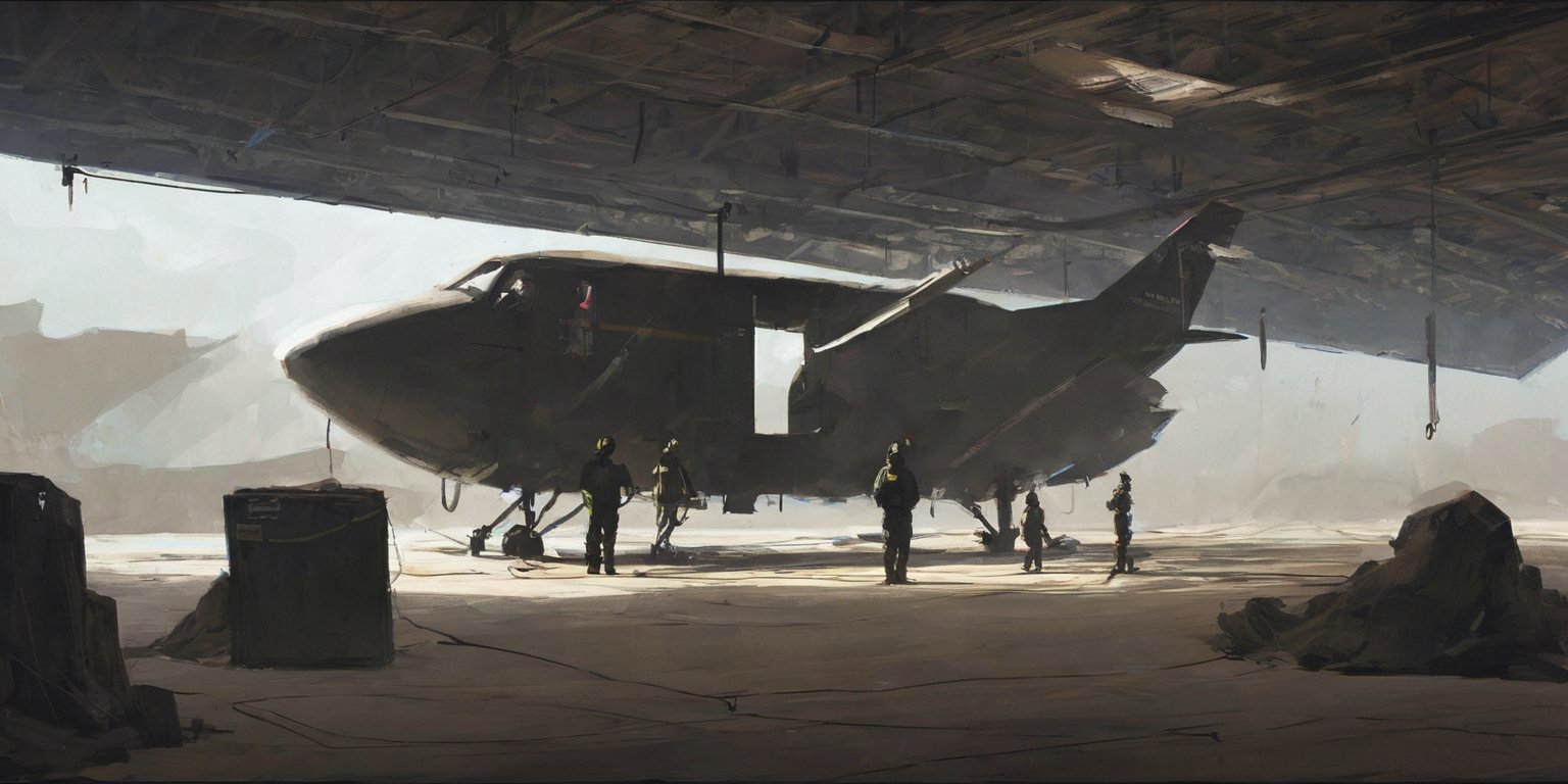 a painting of a plane in a hangar with people standing around it and a person standing on the ground, Craig Mullins, matte drawing, concept art, space art,detailed,small details.trending on art station, a digital painting, fantasy art,sharp <lora:Milde_style_art:1>