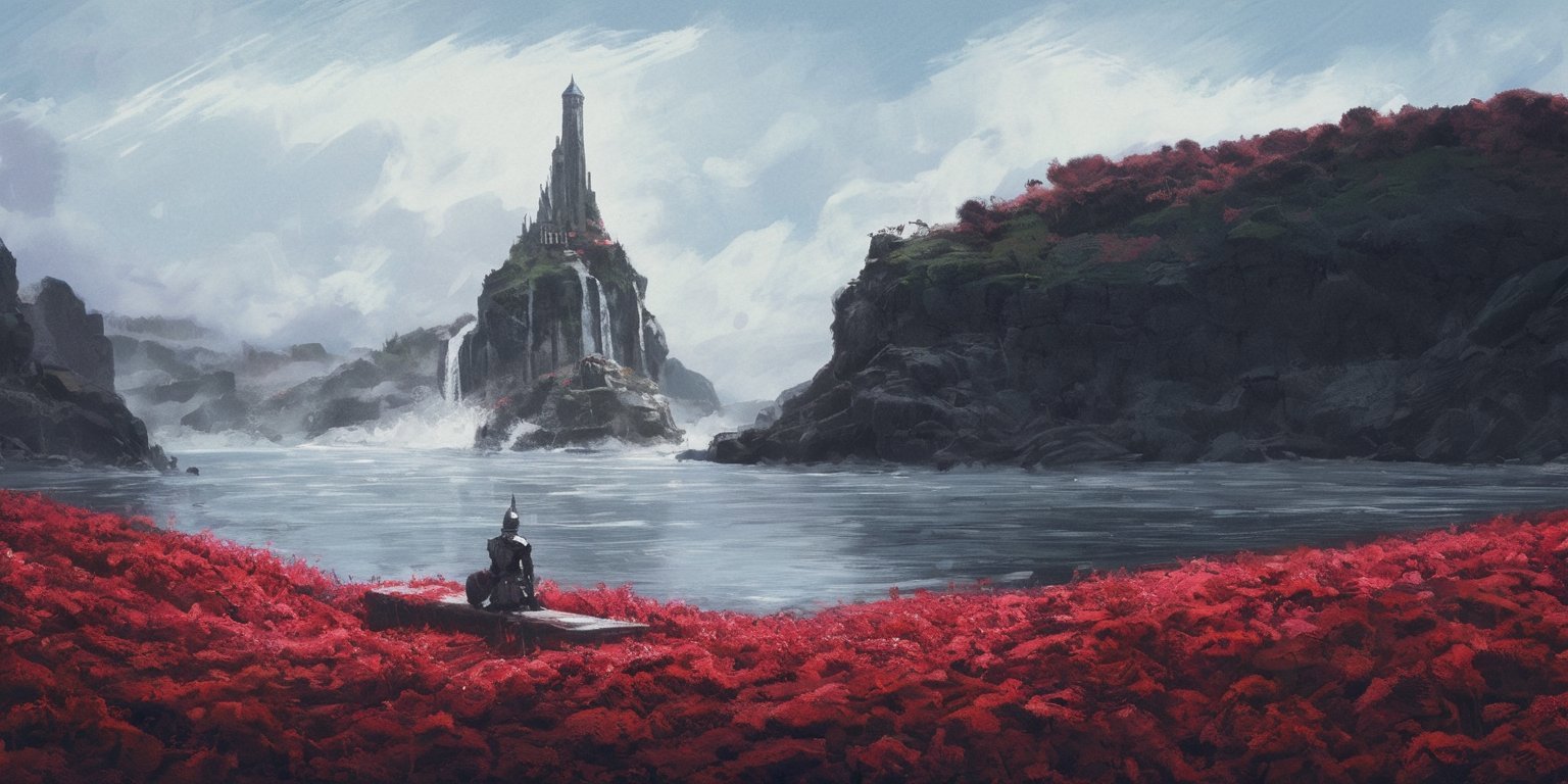 a painting of knight sitting on a bench in a park by the water with a cloudy sky, red flowers,waterfall,detailed,small details.trending on art station, a digital painting, fantasy art <lora:Milde_style_art:1>