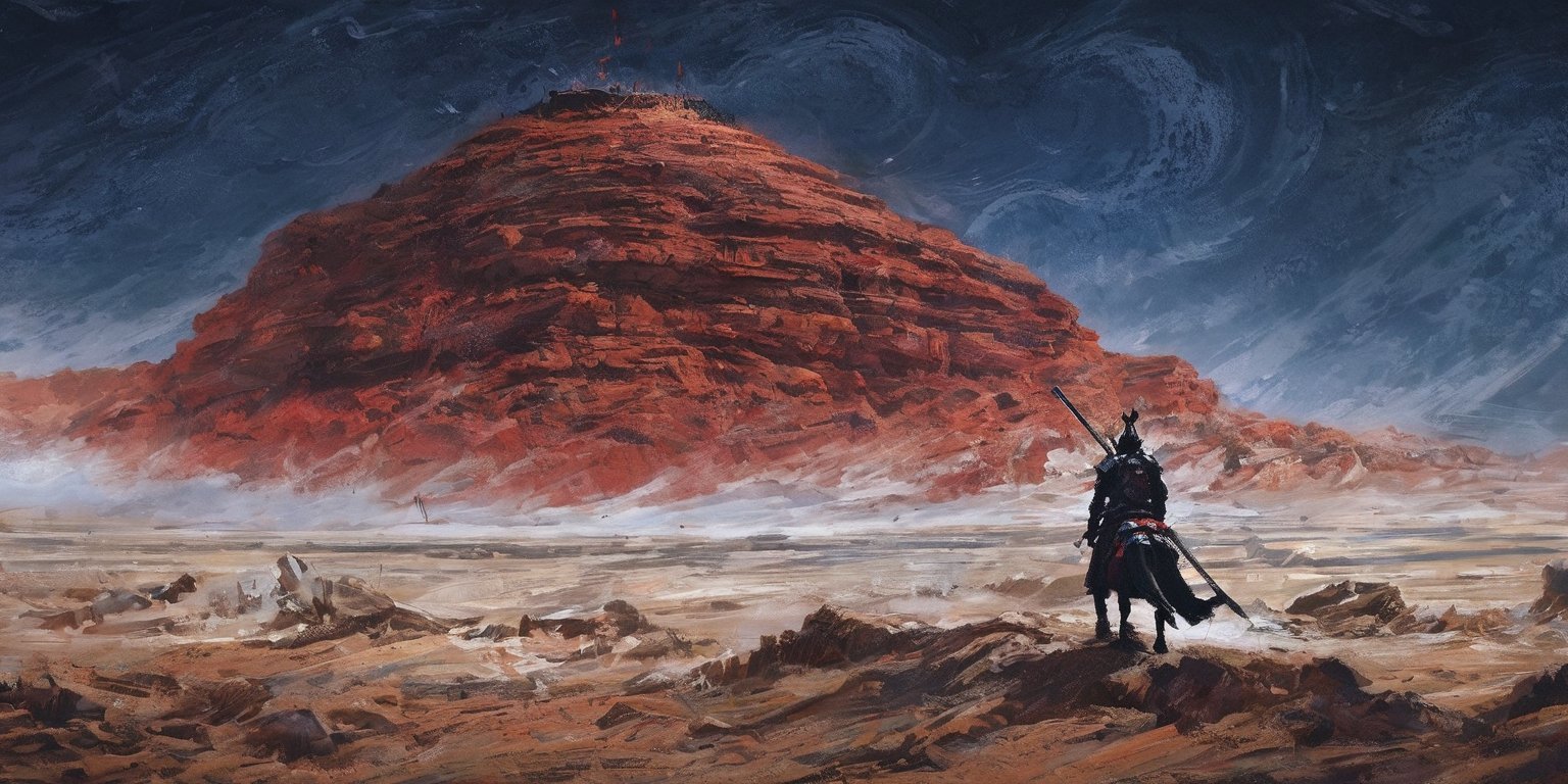 a painting of samurai on (red roses:0.4) desert,space,milkyway,night,rocks around,dead bodies,(detailed,small details,contrast colors, intricate details, detailed texture:1.5), fantasy art,sharp <lora:Milde_style_art:1>