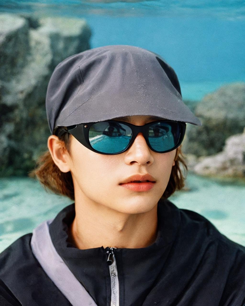 ,black jacket,sunglasses, detailed face, masterpiece,gorpcore,80mm f/11 on kodak ektachrome e100, soft focus, film grain, muted colors,,ocean,underwater,psychedelic,  <lora:gorpcoreLORA:1> 