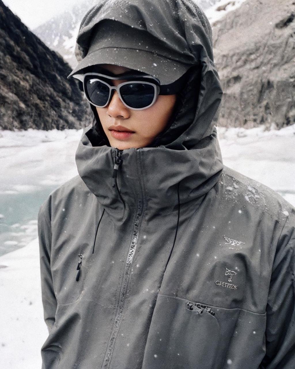 ,black jacket,sunglasses, detailed face, masterpiece,gorpcore,80mm f/11 on kodak ektachrome e100, soft focus, film grain, muted colors,snowy,snow mountains,full body <lora:gorpcoreLORA:1>