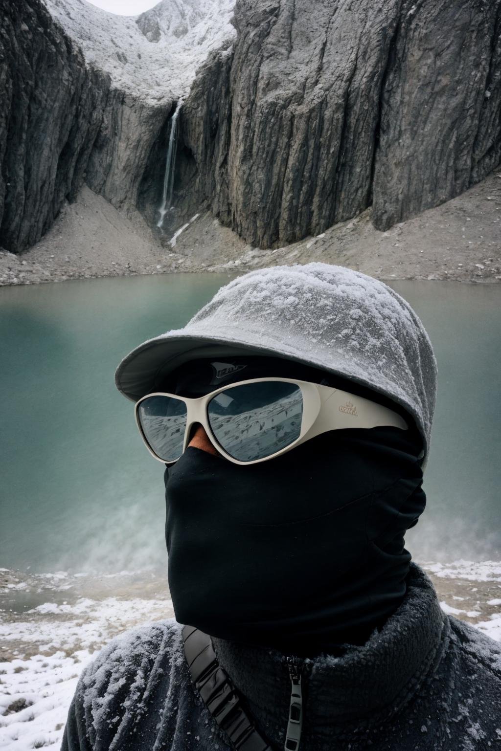 person,black ,sunglasses, no face, masterpiece,gorpcore,80mm f/11 on kodak ektachrome e100, soft focus, film grain, muted colors,snowy,snow mountains,<lora:gorpcoreLORA:1>