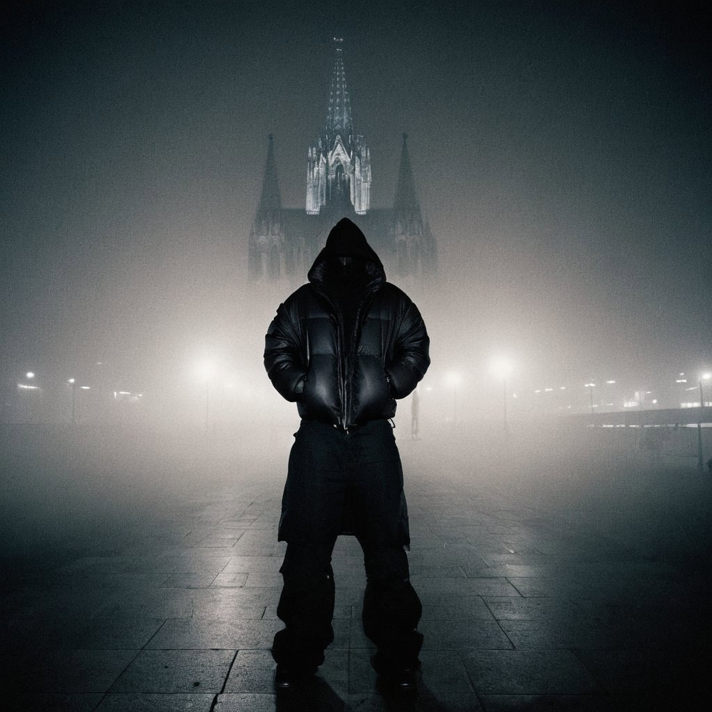 night,Cologne Cathedral,opium,fashion,no face,portrait photo of man,Cologne Cathedral,baggy black jeans,baggy outfit,rick owens,black padded jacket, coat, facing_away, solo,black leather,full black,outside, slim body, high quality, film grain,film grainy,film_grain,motion,1000, polaroid, grainy,Montreal,A cinematic shot,motion,motion blur,(motion blur), epic,opium,fashion,(Cologne Cathedral,cold atmosphere,cold tones,night,dark,fog,mist,look at viewer, . :1.5), <lora:opium_sdxl:1>