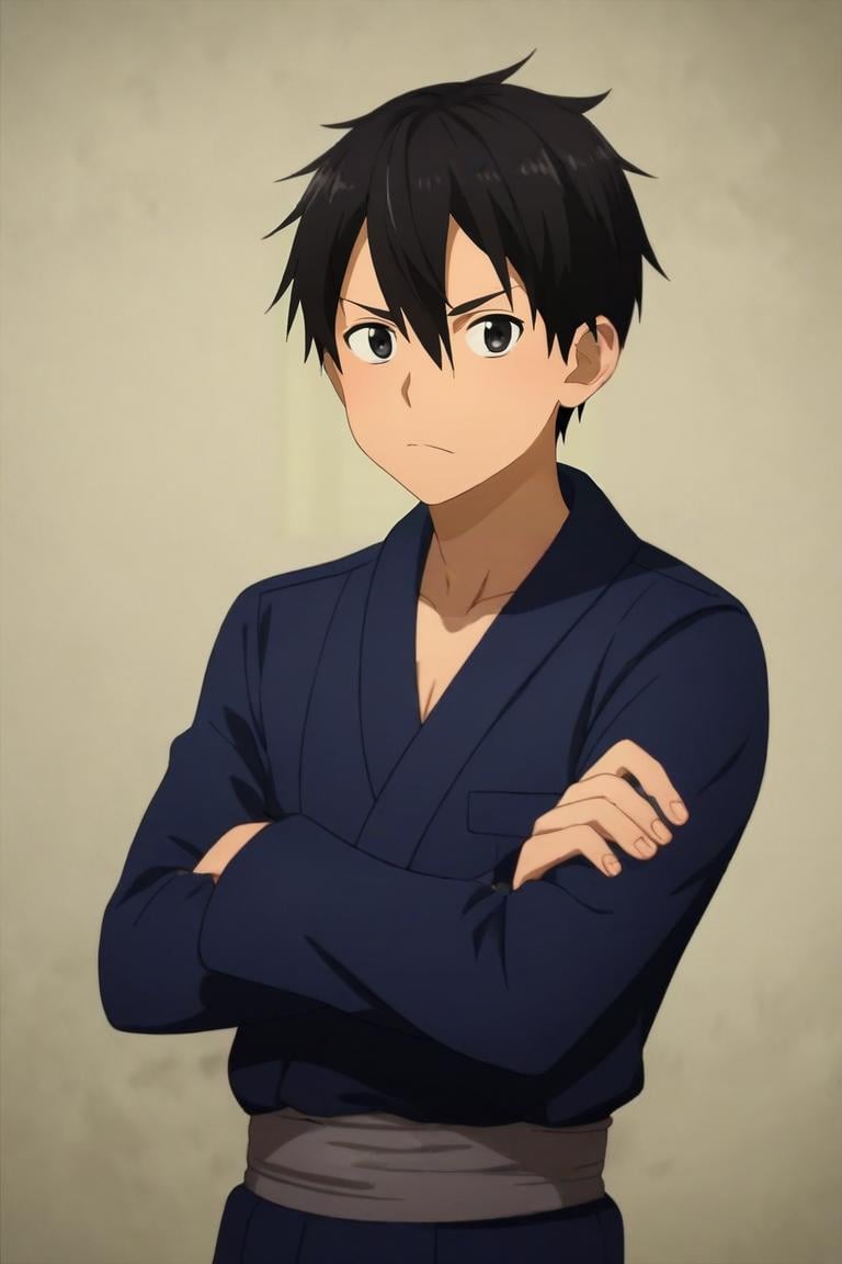 score_9, score_8_up, score_7_up, source_anime, (realistic:0.6), looking at viewer, , depth of field, 1boy, solo, male focus, <lora:kazuto_kirigaya_pony:0.86>, kazuto_kirigaya, black hair, black eyes, hair between eyes, short hair, kirito, , ninja costume, world war 2, Standing with crossed arms and raised eyebrow, indicating skepticism, <lora:sdxl_lightning_8step_lora:1>