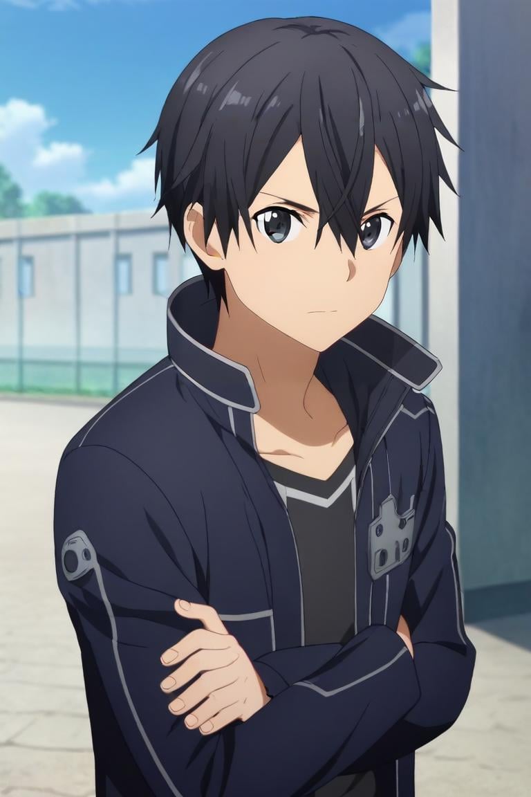 score_9, score_8_up, score_7_up, source_anime, anime screencap, anime coloring, , looking at viewer, upper body, depth of field, 1boy, solo, male focus, <lora:kazuto_kirigaya_pony:0.92>, kazuto_kirigaya, black hair, black eyes, hair between eyes, short hair, sword art online, ,, , Arms crossed tightly, suggesting defensiveness or discomfort, <lora:sdxl_lightning_8step_lora:1>