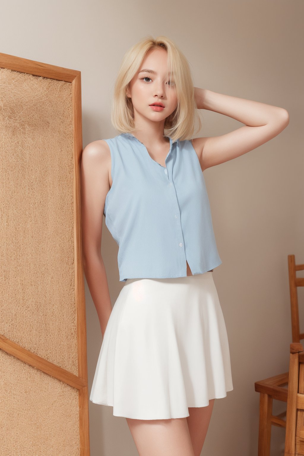 anselma, blonde hair, medium hair, sleeveless shirt, skirt, indoor, simple background,