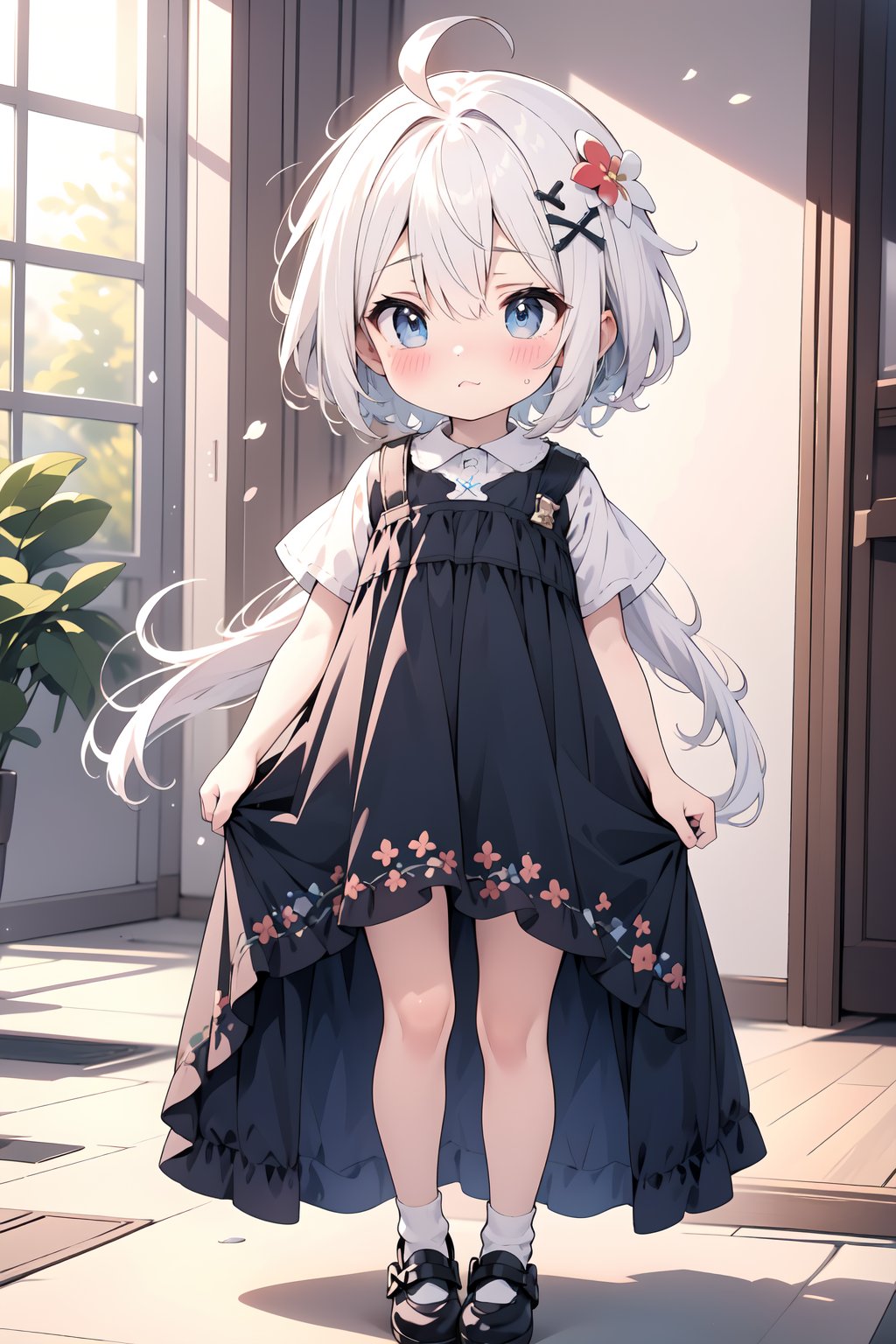 (masterpiece, best quality, highres, ultra-detailed),(beautiful and aesthetic:1.2), 1girl, toddler, kid, satomi gojo, white hair, hair ornament, ahoge, blue eyes, smile, x3, cute dress, flowers ornament,full body,intricate details