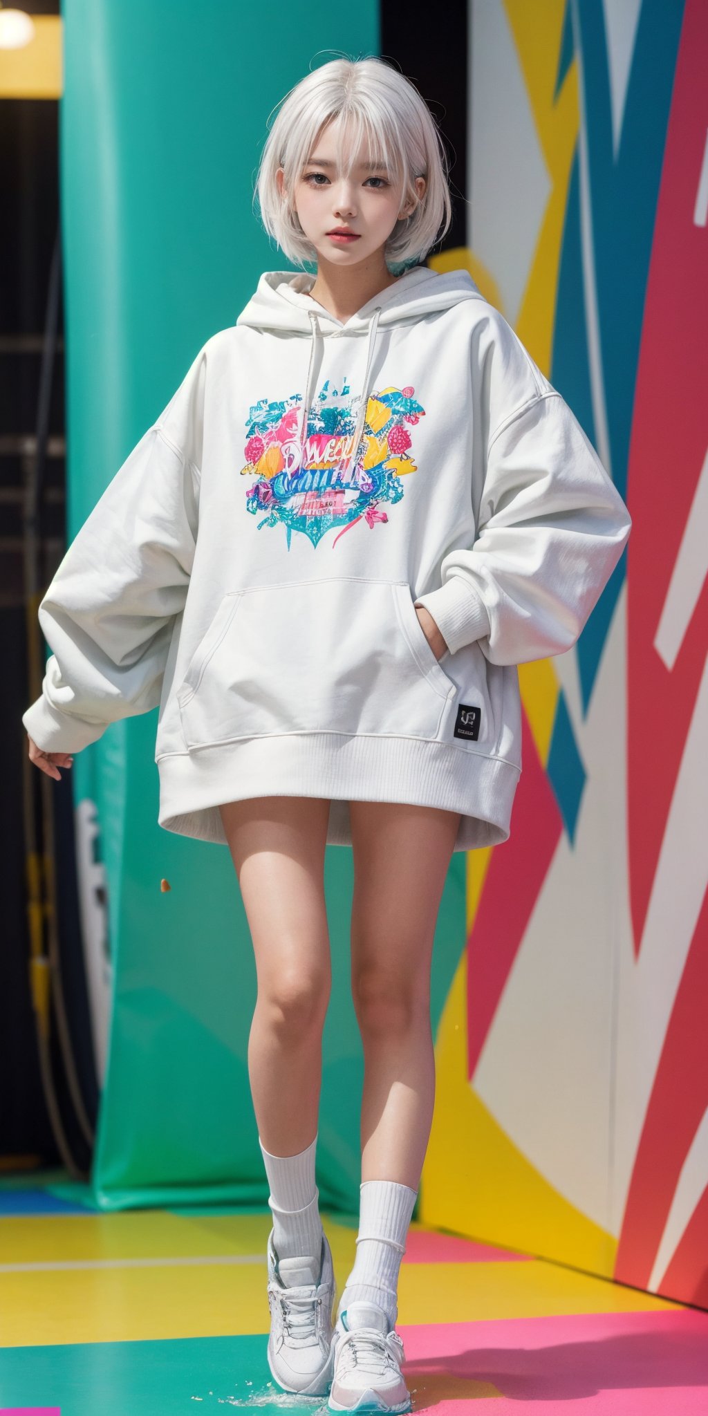 （masterpiece、best quality、high resolution）,（Colorful background,（splash of conk splatter,splash of color））,Sweet girl, white hair, colorful oversize hoodie, catwalk, colorful hair, white sock