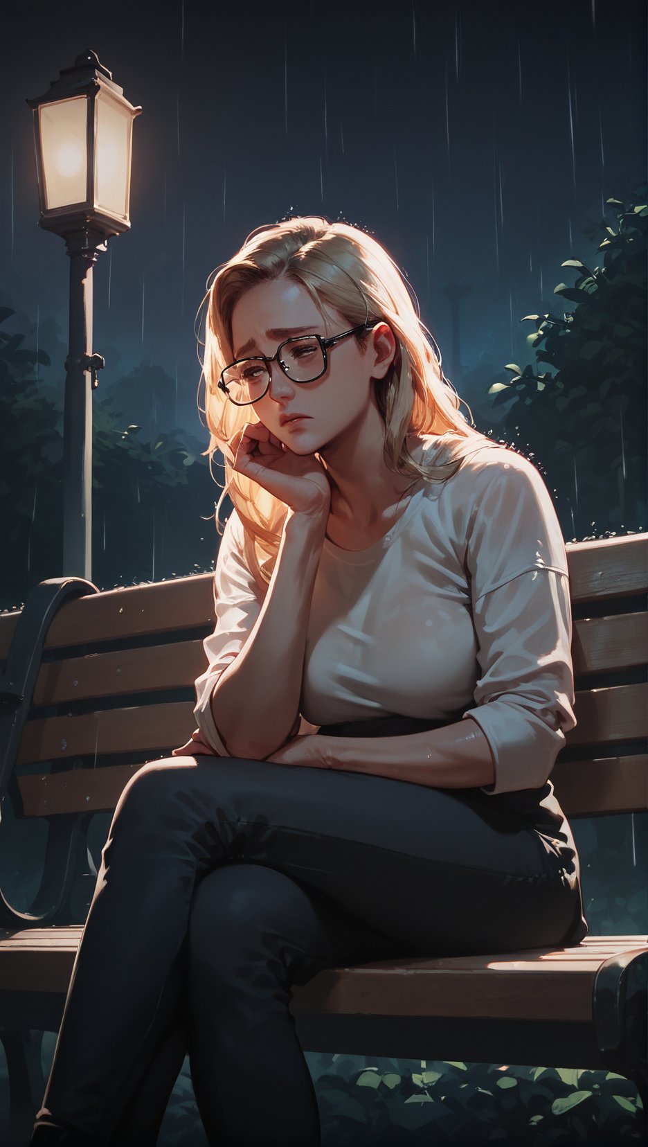 score_9, score_8_up, score_7_up, 1girl, sitting on a bench in a park at night, dusk, lantern light, sad, raining, head resting on hands, blonde hair, long hair, nerdy glasses   , expressiveH ,Expressiveh