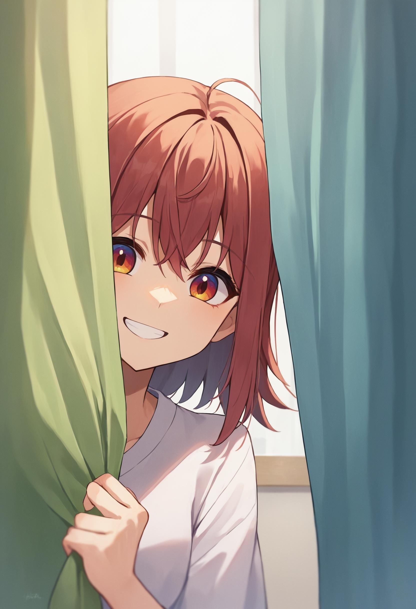 score_9_up score_8_up score_7_up, source_anime, 1girl, peeking out upper body, curtains, curtain grab, smile<lora:peeking_out_ponyxl:1>