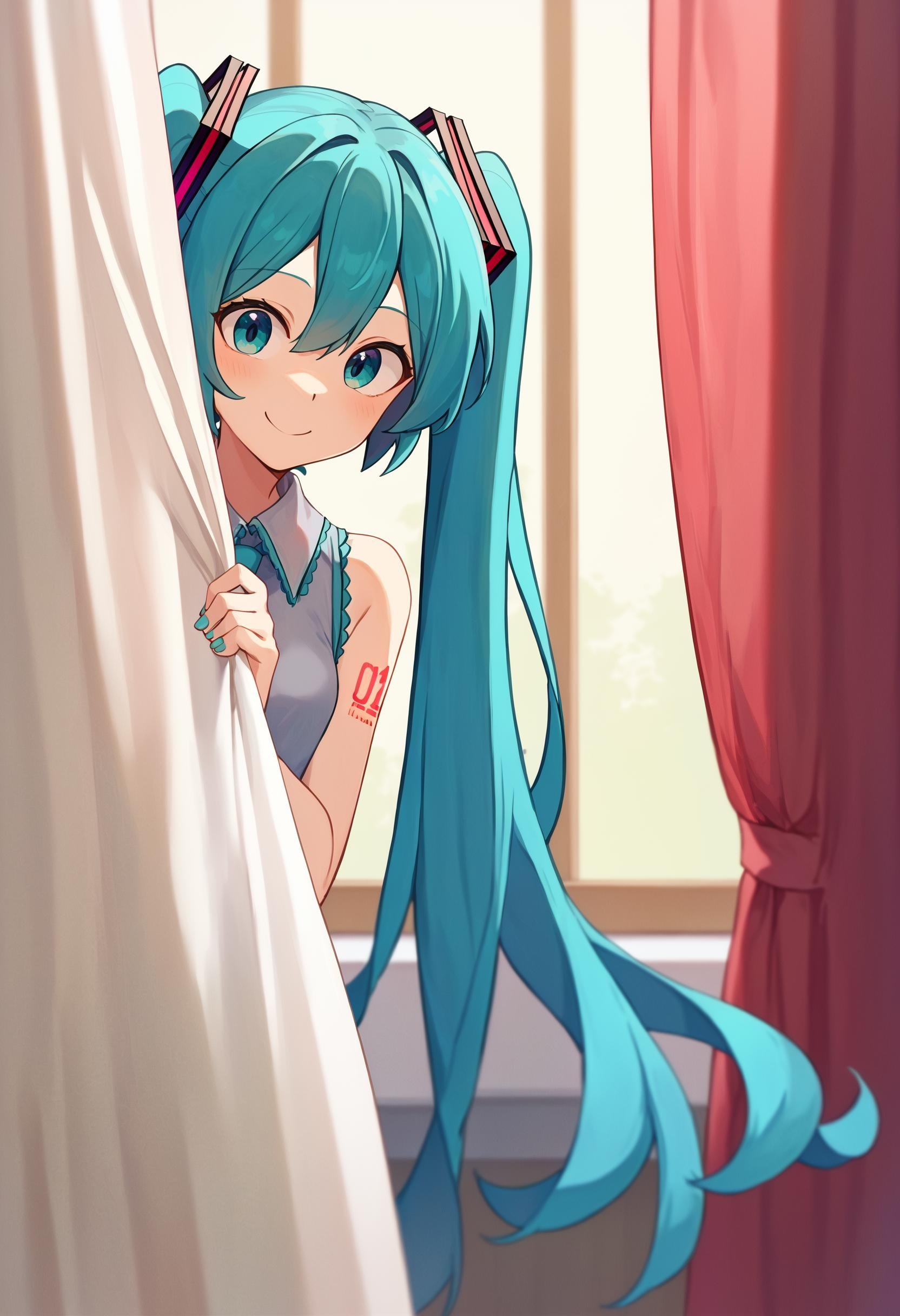 score_9_up score_8_up score_7_up, 1girl hatsune miku, peeking out, curtains, smile<lora:peeking_out_ponyxl:1>