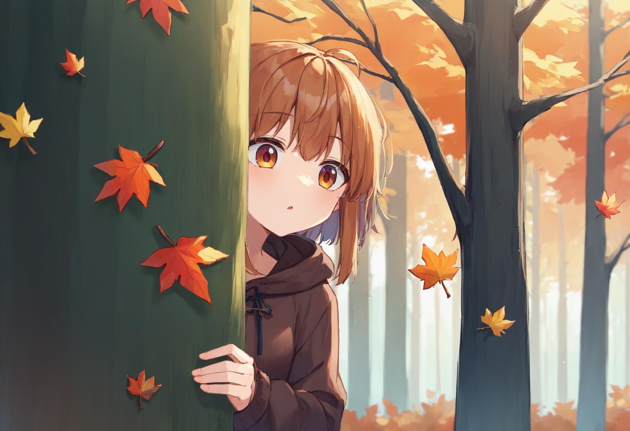 score_9_up score_8_up score_7_up, source_anime, 1girl, peeking out upper body, forest, plant, leaf, autumn leaves<lora:peeking_out_ponyxl:1>