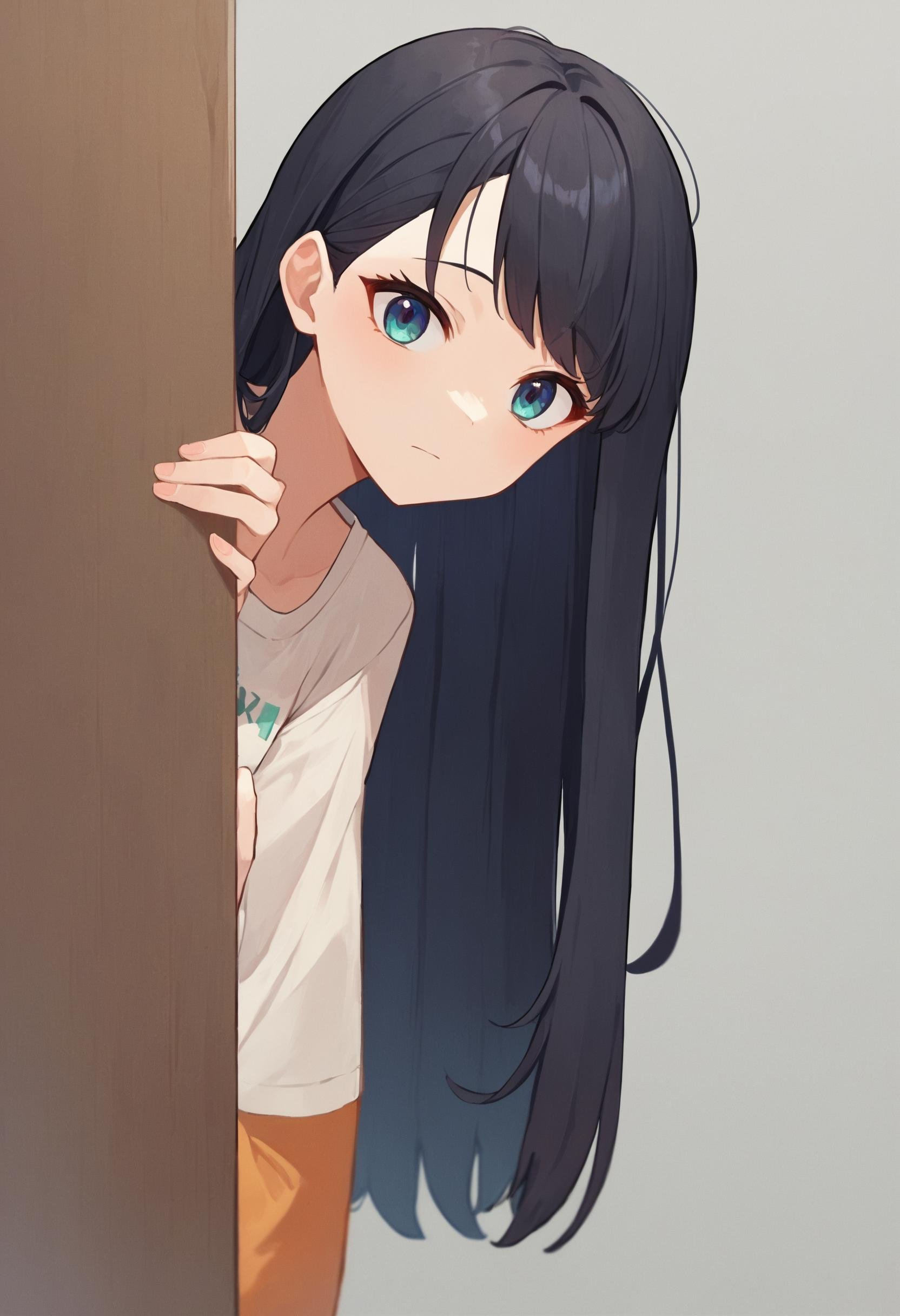 score_9_up score_8_up score_7_up, source_anime, 1girl, peeking out upper body, black hair, long hair<lora:peeking_out_ponyxl:1>