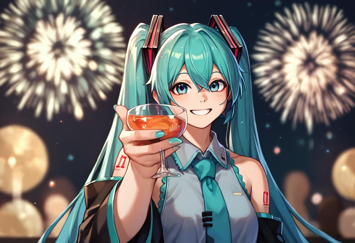 score_8_up, score_7_up, score_6_up, 1girl hatsune mikusmile holding cup fireworks<lora:holding_cup_toasting_xlpony:1>