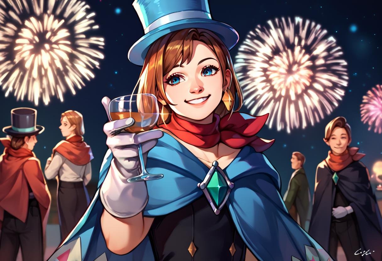 score_8_up, score_7_up, score_6_up, 1girl trucy wright, top hat, dress, cape, white gloves, boots, scarf, earrings <lora:aa_trucywright_ponyXL:1>smile holding cup fireworks <lora:holding_cup_toasting_xlpony:1>