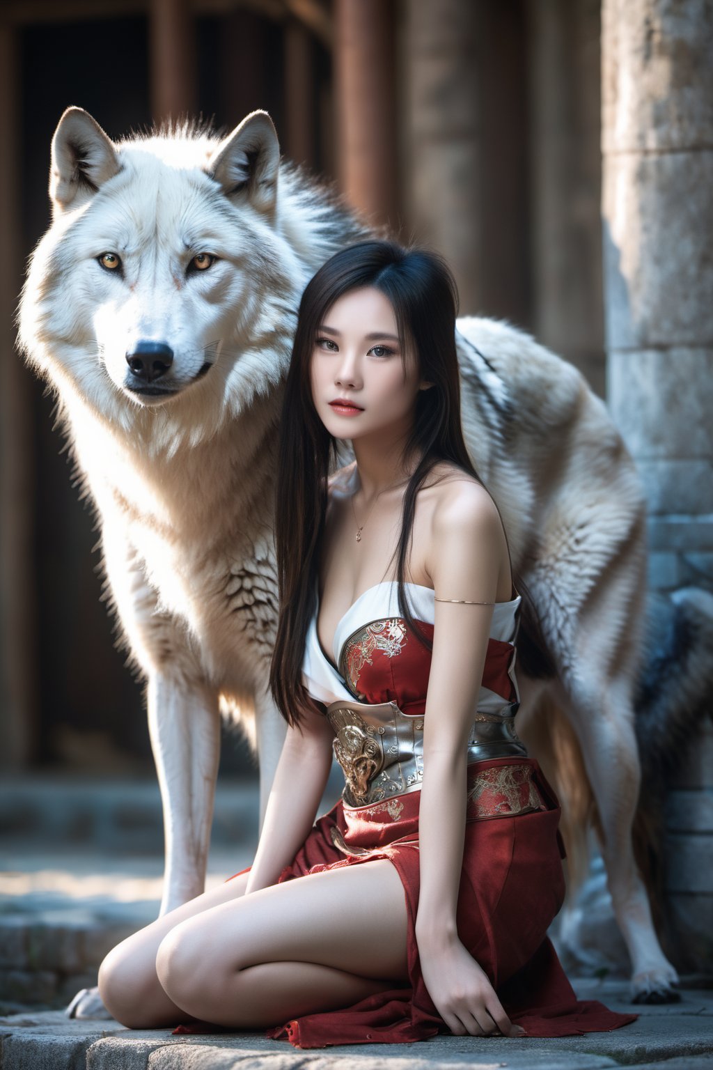 (A red and gold image of a young girl as a warrior woman, dressed in fine armor, with a large gray wolf next to her with it's head nestled on the girl's lap, in the background of an oriental-style scene), masterpiece, HDR, depth of field, wide view, bright background, raytraced, full length body, unreal, mystical, luminous, surreal, high resolution, sharp details, with a dreamy glow, translucent, beautiful, stunning, a mythical being exuding energy, textures, breathtaking beauty, pure perfection, with a divine presence, unforgettable, and impressive.,sexy Li Xuan15321