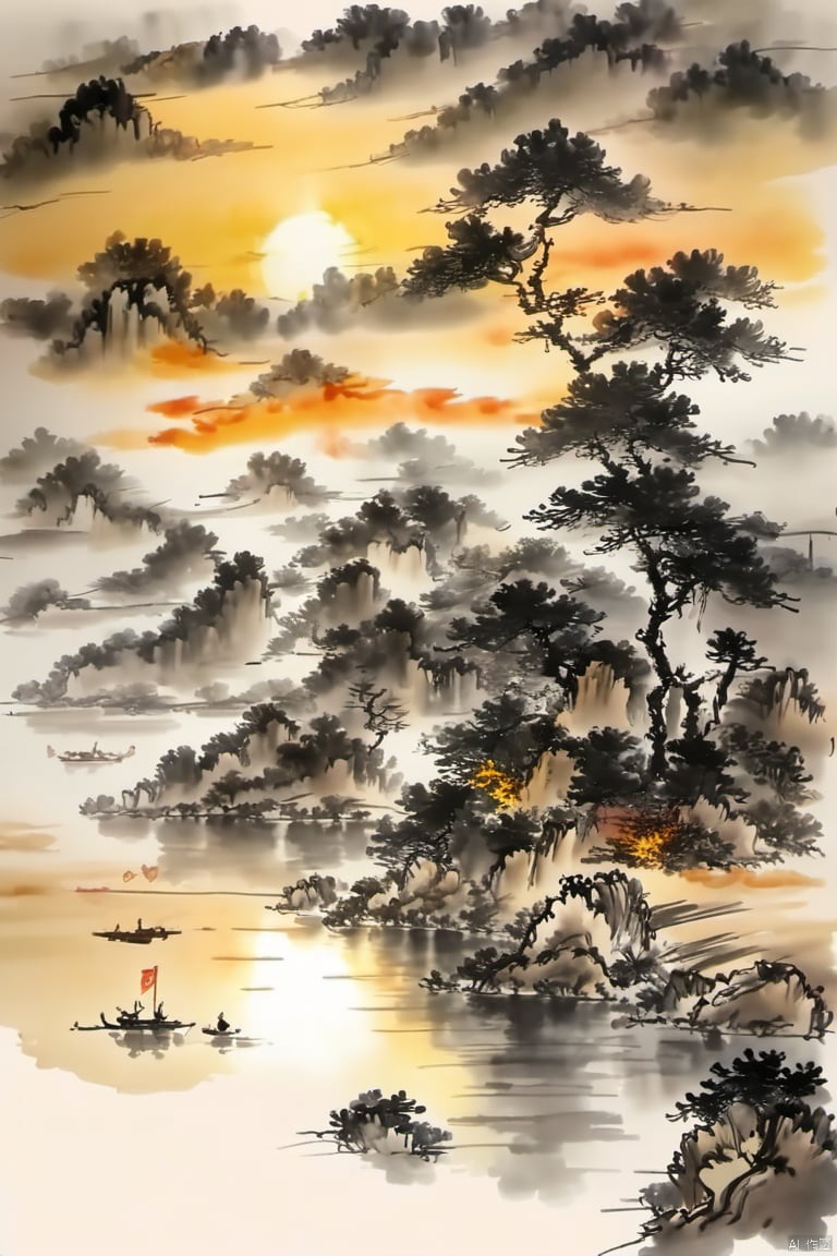 ink-painting,sunset,scenery