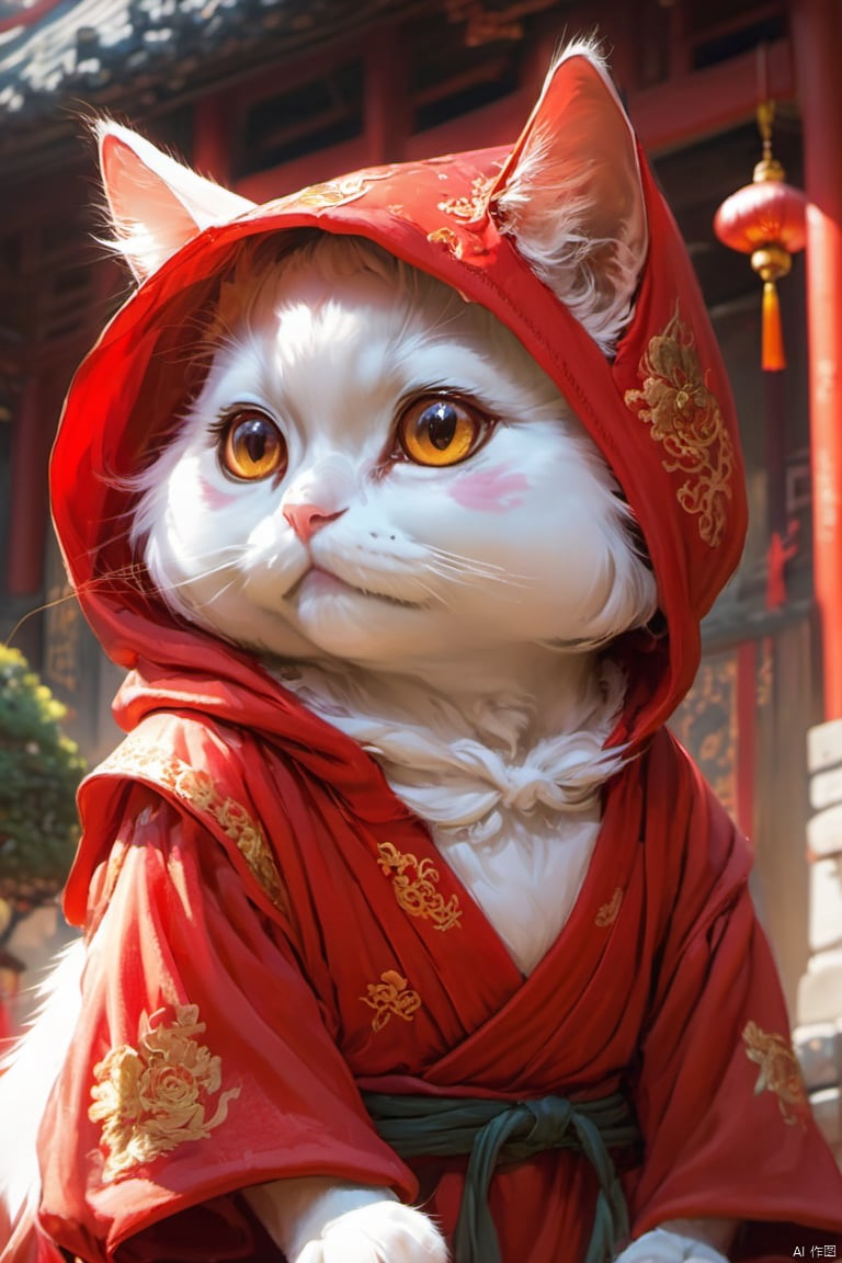 mimi,cat,A very exaggerated and surprised expression, (((side view))),(((look at side))),avoid camera,wear red hoody,red hanfu,super fat,super big eyes