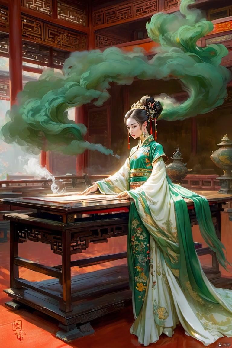 1girl, full body, standing behind a desk with a brush in her hand, thinking about an unfinished painting.  A censer on the desk is emitting white smoke.  Inside a gorgeous Chinese palace, solo, looking at the audience, long hair, Chinese embroidery princess green dress, gracefully standing behind the desk, Chinese princess, gentle and graceful,
A girl, standing in full form within an opulent interior of a Chinese palace,, and she is adorned with an exquisite green princess gown embroidered in traditional Chinese patterns, exuding both grace and refinement. On the desk beside her incomplete artwork, a censer emits wisps of white smoke, infusing the air with a serene and mystical ambiance. Despite being in the quiet solitude of the room, her gaze is directed towards an imagined audience, as if poised to begin a solo performance. This focused and elegant stance beautifully embodies the inner charm and poise of a Chinese princess.,