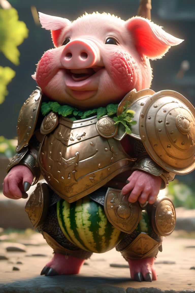  watermeloncarving,super cute fluffy pig warrior in armor, photorealistic, 4K, ultra detailed, vray rendering, unreal engine, mysterious, masterpiece, best quality,super realistic,crazy etails