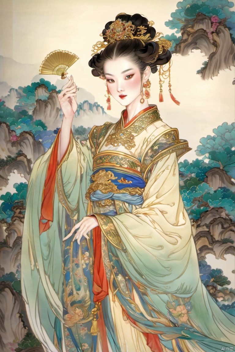 The Chinese female character wears an opulent court gown with a flowing satin skirt embellished with exquisite embroidery. The dress is embroidered with gold thread and dragon and phoenix patterns, highlighting her royal status and noble temperament. Wearing a golden pearl crown, inlaid with bright gems, like fairies in fairyland. Long hair wrapped down, wrapped in bundles of pearls and gold thread, glittering with the glory of the court. Her face was dignified and dignified, and there was a hint of wisdom and coolness in her eyes. Holding a jade fan, the fan is painted with the scenery of immortal mountains and divine water, highlighting her nobility and elegance