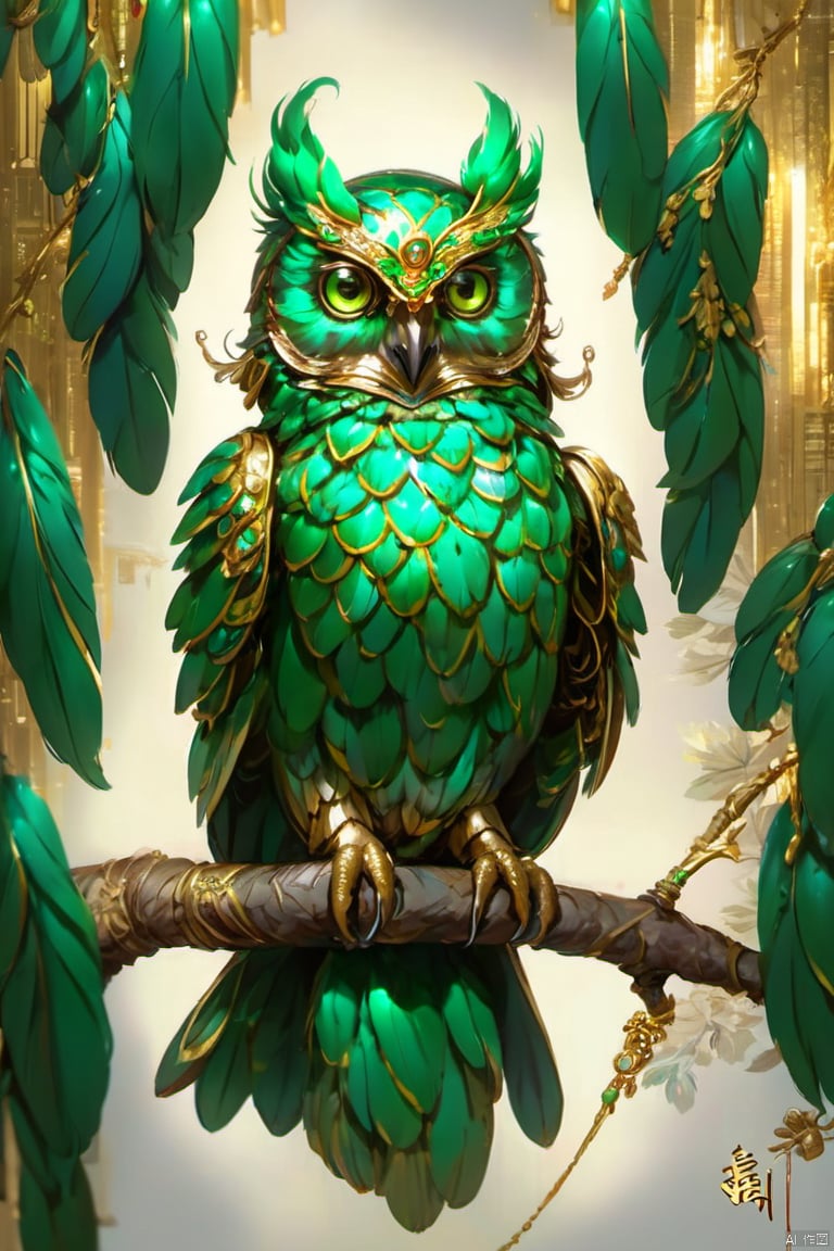 The liangyu is wise, its body resembling that of a wise, emerald owl, but with eyes that glow with an inner light, revealing depths of ancient knowledge. Its eyes are deep and knowing and its feathers are dark and mysterious, with a shimmering gold sheen. Its expression is one of serene wisdom, with a calmness that belies its vast understanding. As it moves, it leaves a trail of shimmering emerald feathers, highlighted with golden specks, bringing wisdom and insight to all who seek its guidance.