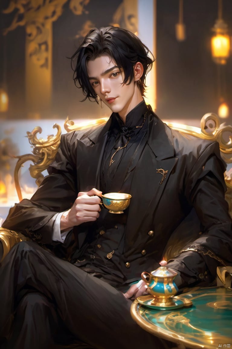 1boy,black hair,blurry background,cup,depth of field,holding,Black Zhongshan suit,indoor,Sitting posture,Holding a cup in hand,Short hair,lips,long sleeves,male focus,realistic,sitting,solo,upper body