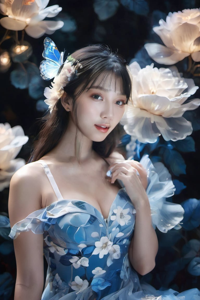 1girl, solo, long hair, brown hair, black hair, dress, closed eyes, flower, blue dress, blue flower, lips, see-through, makeup, sleeveless dress, white flower, lipstick, butterfly, particles light,sexycaicai38730