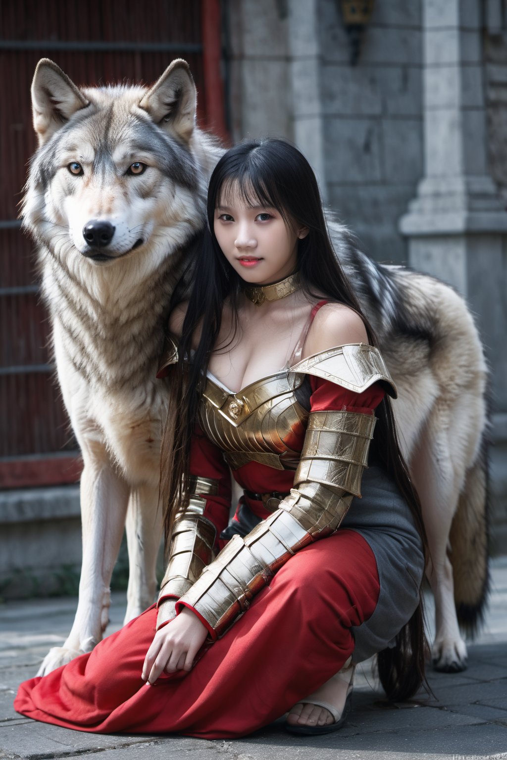 (A red and gold image of a young girl as a warrior woman, dressed in fine armor, with a large gray wolf next to her with it's head nestled on the girl's lap, in the background of an oriental-style scene), masterpiece, HDR, depth of field, wide view, bright background, raytraced, full length body, unreal, mystical, luminous, surreal, high resolution, sharp details, with a dreamy glow, translucent, beautiful, stunning, a mythical being exuding energy, textures, breathtaking beauty, pure perfection, with a divine presence, unforgettable, and impressive.,sexycaicai38730