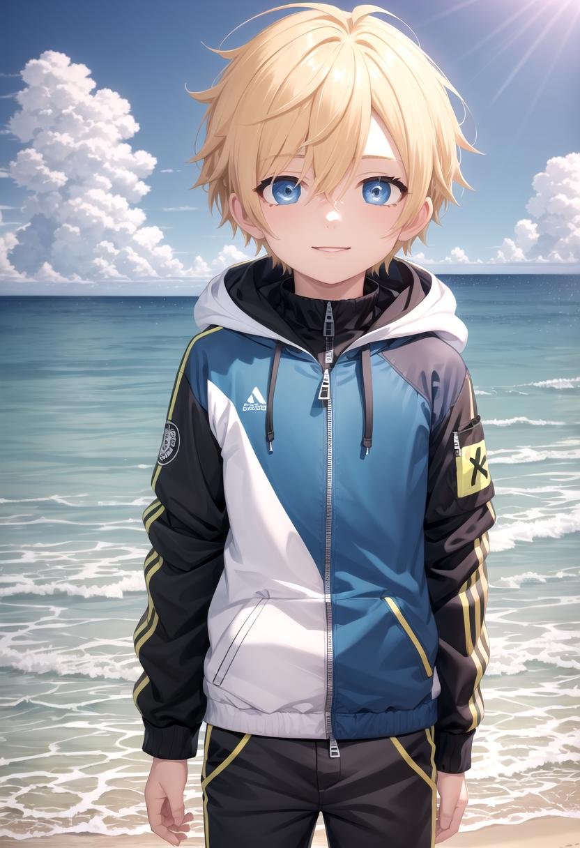 <lora:sota sd15_epoch_17:0.6>,sota, solo,looking at viewer,short hair,bangs,blue eyes,blonde hair,long sleeves,(1boy:1.3),hair between eyes,standing,wide rashguard jacket,(male focus:1.3),cowboy shot,outdoors,sky,day,pants,cloud,hood,water,blue sky,ocean,beach,black pants,hood down,child,multicolored clothes,zipper,horizon,(male child:1.2),wall,multicolored jacket,two-tone jacket , (masterpiece:1.2), best quality, high resolution, unity 8k wallpaper, (illustration:0.8), (beautiful detailed eyes:1.6), extremely detailed face, perfect lighting, extremely detailed CG, smile,The soft lighting and detailed surroundings create an immersive environment where imagination runs wild hyper-detailed,hyper-detailed face, high quality visuals, dim Lighting, sharply focused, octane render, 8k UHD, GS-Boyish