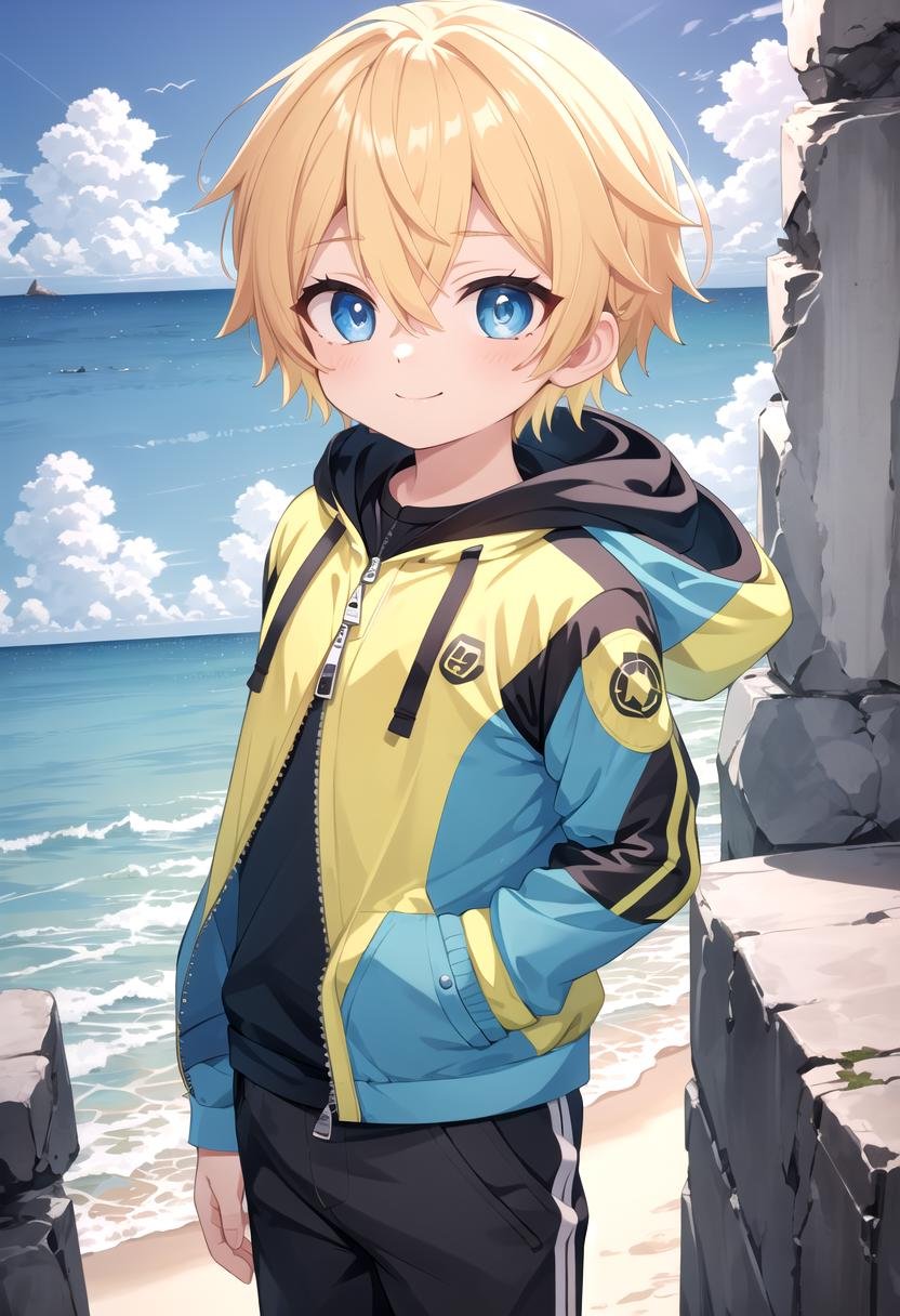 <lora:sota sd15_epoch_17:0.6>,sota, solo,looking at viewer,short hair,bangs,blue eyes,blonde hair,long sleeves,(1boy:1.3),hair between eyes,standing,wide rashguard jacket,(male focus:1.3),cowboy shot,outdoors,sky,day,pants,cloud,hood,water,blue sky,ocean,beach,black pants,hood down,child,multicolored clothes,zipper,horizon,(male child:1.2),wall,multicolored jacket,two-tone jacket , (masterpiece:1.2), best quality, high resolution, unity 8k wallpaper, (illustration:0.8), (beautiful detailed eyes:1.6), extremely detailed face, perfect lighting, extremely detailed CG, smile,The soft lighting and detailed surroundings create an immersive environment where imagination runs wild hyper-detailed,hyper-detailed face, high quality visuals, dim Lighting, sharply focused, octane render, 8k UHD, GS-Boyish