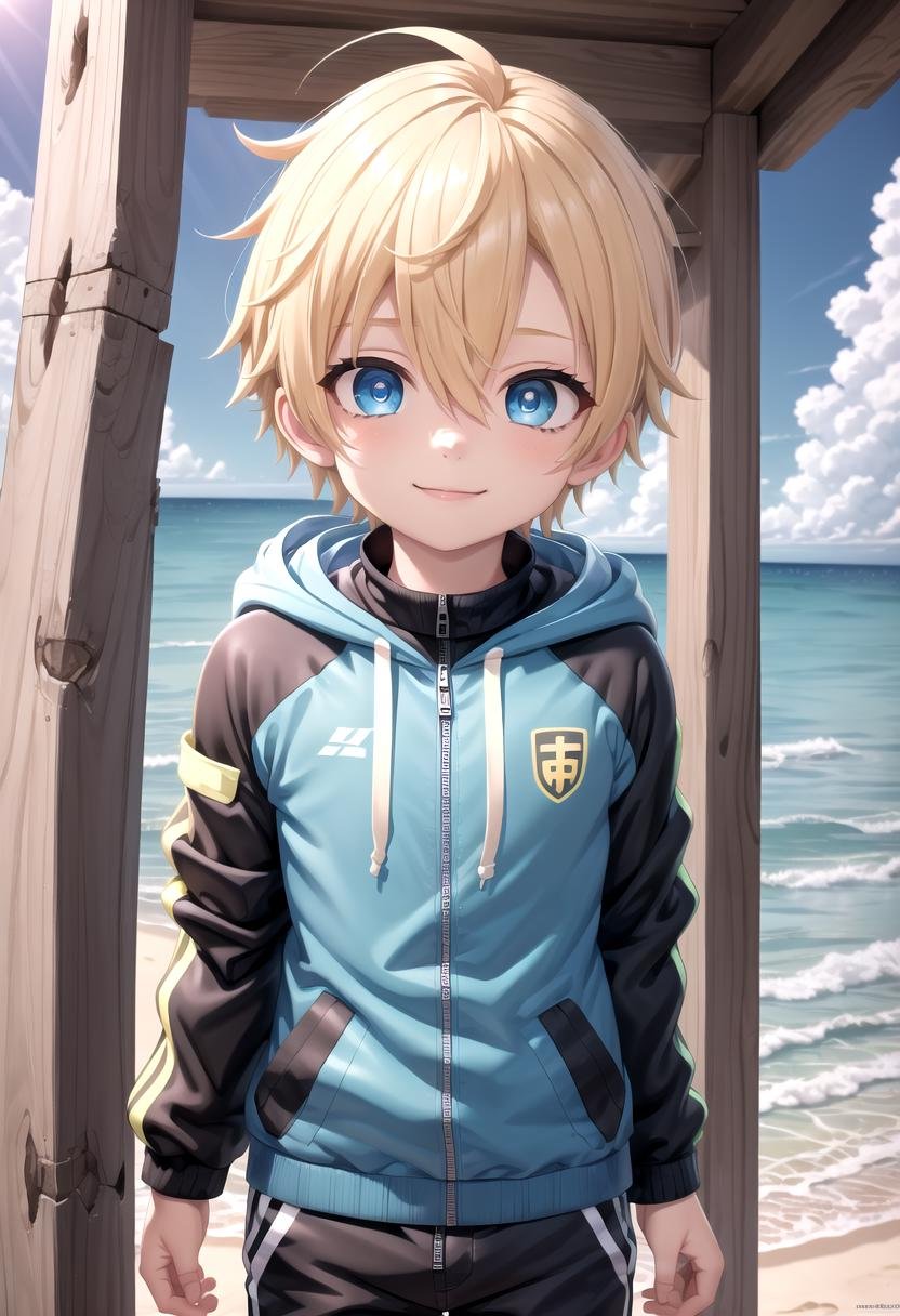 <lora:sota sd15_epoch_17:0.6>,sota, solo,looking at viewer,short hair,bangs,blue eyes,blonde hair,long sleeves,(1boy:1.3),hair between eyes,standing,wide rashguard jacket,(male focus:1.3),cowboy shot,outdoors,sky,day,pants,cloud,hood,water,blue sky,ocean,beach,black pants,hood down,child,multicolored clothes,zipper,horizon,(male child:1.2),wall,multicolored jacket,two-tone jacket , (masterpiece:1.2), best quality, high resolution, unity 8k wallpaper, (illustration:0.8), (beautiful detailed eyes:1.6), extremely detailed face, perfect lighting, extremely detailed CG, smile,The soft lighting and detailed surroundings create an immersive environment where imagination runs wild hyper-detailed,hyper-detailed face, high quality visuals, dim Lighting, sharply focused, octane render, 8k UHD, GS-Boyish