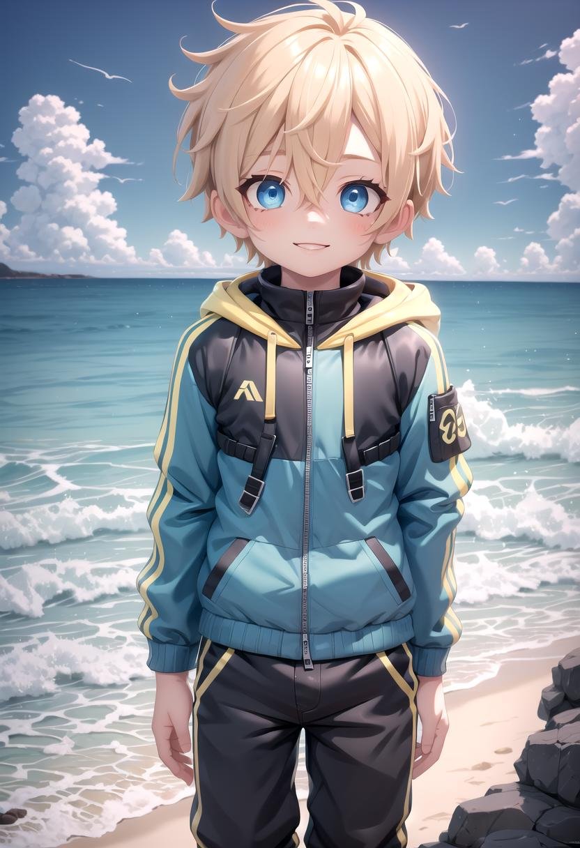 <lora:sota sd15_epoch_17:0.6>,sota, solo,looking at viewer,short hair,bangs,blue eyes,blonde hair,long sleeves,(1boy:1.3),hair between eyes,standing,wide rashguard jacket,(male focus:1.3),cowboy shot,outdoors,sky,day,pants,cloud,hood,water,blue sky,ocean,beach,black pants,hood down,child,multicolored clothes,zipper,horizon,(male child:1.2),wall,multicolored jacket,two-tone jacket , (masterpiece:1.2), best quality, high resolution, unity 8k wallpaper, (illustration:0.8), (beautiful detailed eyes:1.6), extremely detailed face, perfect lighting, extremely detailed CG, smile,The soft lighting and detailed surroundings create an immersive environment where imagination runs wild hyper-detailed,hyper-detailed face, high quality visuals, dim Lighting, sharply focused, octane render, 8k UHD, GS-Boyish