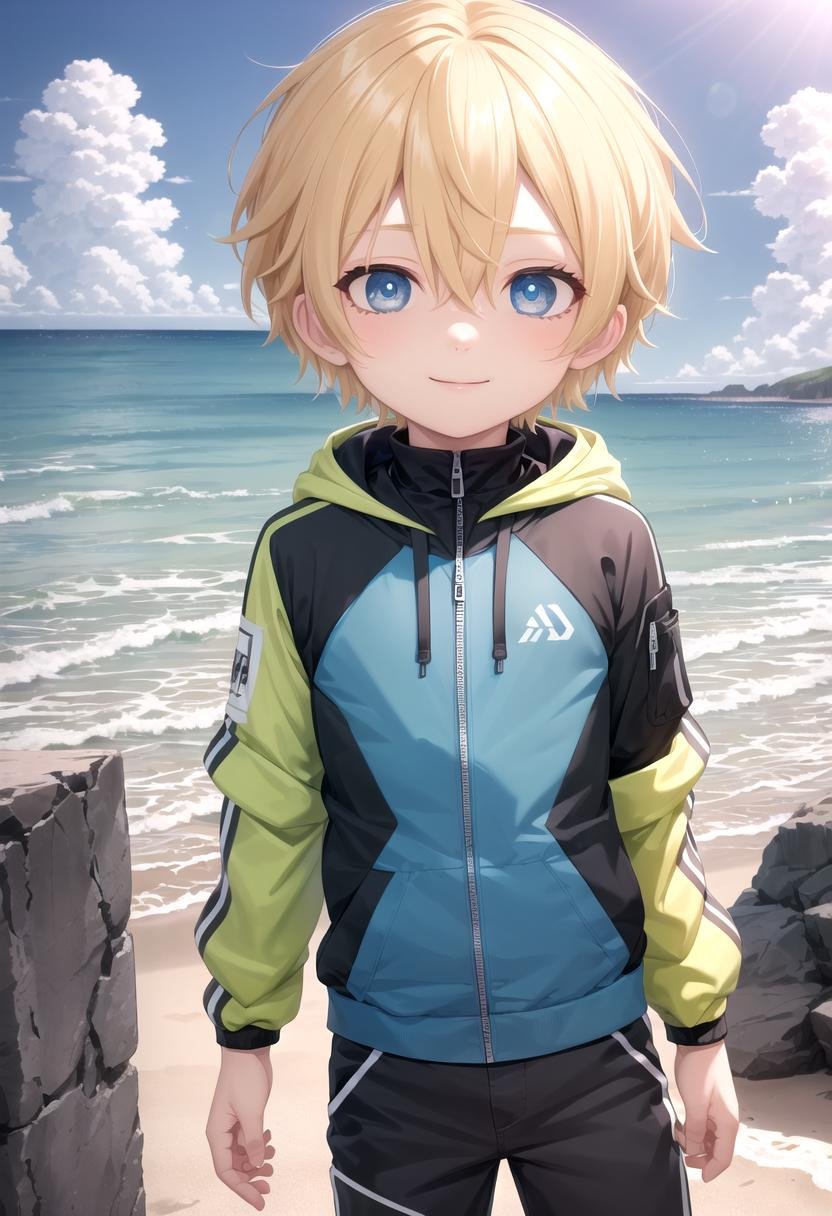 <lora:sota sd15_epoch_17:0.6>,sota, solo,looking at viewer,short hair,bangs,blue eyes,blonde hair,long sleeves,(1boy:1.3),hair between eyes,standing,wide rashguard jacket,(male focus:1.3),cowboy shot,outdoors,sky,day,pants,cloud,hood,water,blue sky,ocean,beach,black pants,hood down,child,multicolored clothes,zipper,horizon,(male child:1.2),wall,multicolored jacket,two-tone jacket , (masterpiece:1.2), best quality, high resolution, unity 8k wallpaper, (illustration:0.8), (beautiful detailed eyes:1.6), extremely detailed face, perfect lighting, extremely detailed CG, smile,The soft lighting and detailed surroundings create an immersive environment where imagination runs wild hyper-detailed,hyper-detailed face, high quality visuals, dim Lighting, sharply focused, octane render, 8k UHD, GS-Boyish