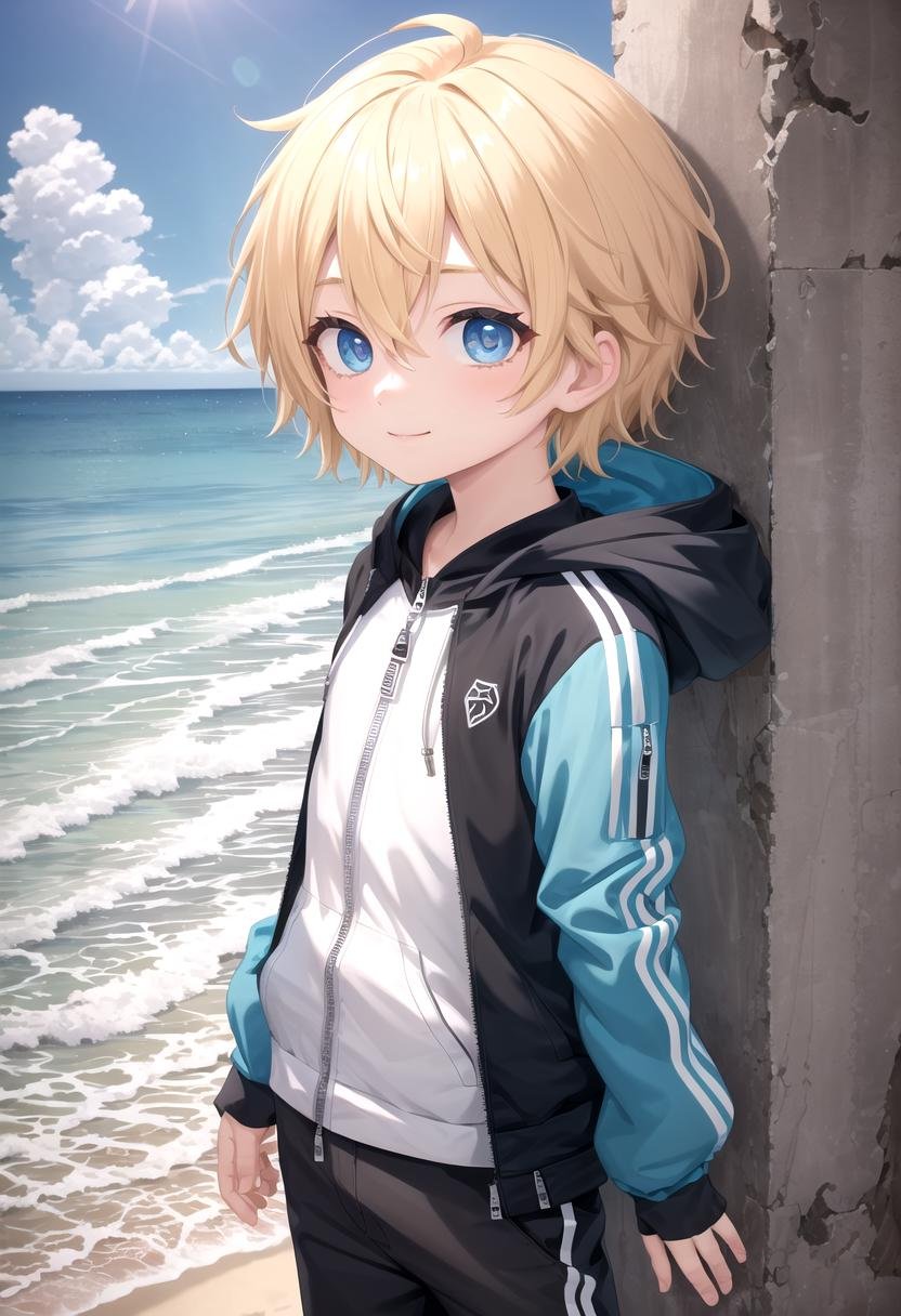 <lora:sota sd15_epoch_17:0.6>,sota, solo,looking at viewer,short hair,bangs,blue eyes,blonde hair,long sleeves,(1boy:1.3),hair between eyes,standing,wide rashguard jacket,(male focus:1.3),cowboy shot,outdoors,sky,day,pants,cloud,hood,water,blue sky,ocean,beach,black pants,hood down,child,multicolored clothes,zipper,horizon,(male child:1.2),wall,multicolored jacket,two-tone jacket , (masterpiece:1.2), best quality, high resolution, unity 8k wallpaper, (illustration:0.8), (beautiful detailed eyes:1.6), extremely detailed face, perfect lighting, extremely detailed CG, smile,The soft lighting and detailed surroundings create an immersive environment where imagination runs wild hyper-detailed,hyper-detailed face, high quality visuals, dim Lighting, sharply focused, octane render, 8k UHD, GS-Boyish