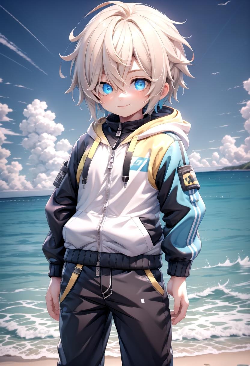 <lora:sota sd15_epoch_17:0.6>,sota, solo,looking at viewer,short hair,bangs,blue eyes,blonde hair,long sleeves,(1boy:1.3),hair between eyes,standing,wide rashguard jacket,(male focus:1.3),cowboy shot,outdoors,sky,day,pants,cloud,hood,water,blue sky,ocean,beach,black pants,hood down,child,multicolored clothes,zipper,horizon,(male child:1.2),wall,multicolored jacket,two-tone jacket , (masterpiece:1.2), best quality, high resolution, unity 8k wallpaper, (illustration:0.8), (beautiful detailed eyes:1.6), extremely detailed face, perfect lighting, extremely detailed CG, smile,The soft lighting and detailed surroundings create an immersive environment where imagination runs wild hyper-detailed,hyper-detailed face, high quality visuals, dim Lighting, sharply focused, octane render, 8k UHD, GS-Boyish