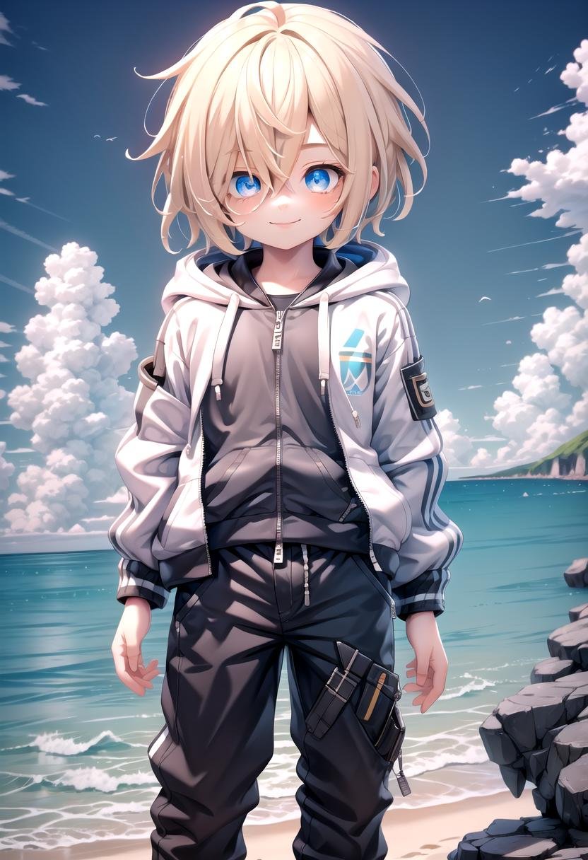 <lora:sota sd15_epoch_17:0.6>,sota, solo,looking at viewer,short hair,bangs,blue eyes,blonde hair,long sleeves,(1boy:1.3),hair between eyes,standing,wide rashguard jacket,(male focus:1.3),cowboy shot,outdoors,sky,day,pants,cloud,hood,water,blue sky,ocean,beach,black pants,hood down,child,multicolored clothes,zipper,horizon,(male child:1.2),wall,multicolored jacket,two-tone jacket , (masterpiece:1.2), best quality, high resolution, unity 8k wallpaper, (illustration:0.8), (beautiful detailed eyes:1.6), extremely detailed face, perfect lighting, extremely detailed CG, smile, blonde hair,The soft lighting and detailed surroundings create an immersive environment where imagination runs wild hyper-detailed,hyper-detailed face, high quality visuals, dim Lighting, sharply focused, octane render, 8k UHD, GS-Boyish