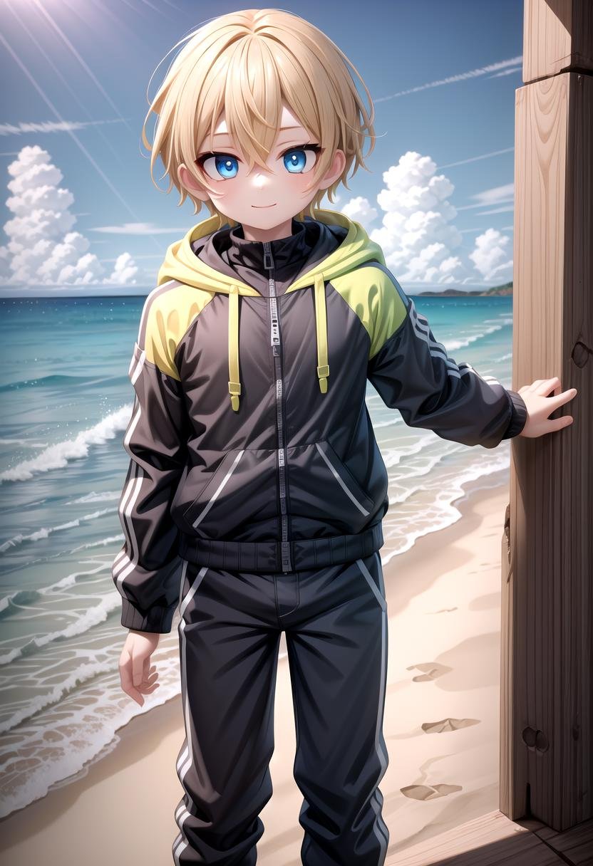 <lora:sota sd15_epoch_17:0.6>,sota, solo,looking at viewer,short hair,bangs,blue eyes,blonde hair,long sleeves,(1boy:1.3),hair between eyes,standing,wide rashguard jacket,(male focus:1.3),cowboy shot,outdoors,sky,day,pants,cloud,hood,water,blue sky,ocean,beach,black pants,hood down,child,multicolored clothes,zipper,horizon,(male child:1.2),wall,multicolored jacket,two-tone jacket , (masterpiece:1.2), best quality, high resolution, unity 8k wallpaper, (illustration:0.8), (beautiful detailed eyes:1.6), extremely detailed face, perfect lighting, extremely detailed CG, smile,The soft lighting and detailed surroundings create an immersive environment where imagination runs wild hyper-detailed,hyper-detailed face, high quality visuals, dim Lighting, sharply focused, octane render, 8k UHD, GS-Boyish