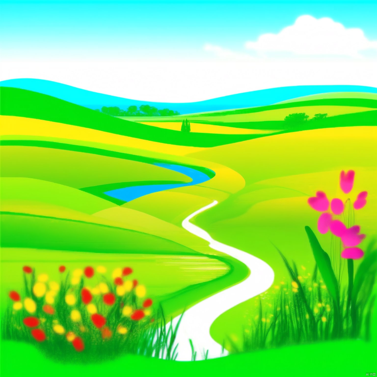  Bright colors, cheerful atmosphere, natural elements, lightness, simple lines, rural landscape, harmonious composition, fresh feeling, vitality, green plants, nature, comfortable mood, vitality, happy life, leisure time, wild flowers and beautiful countryside.